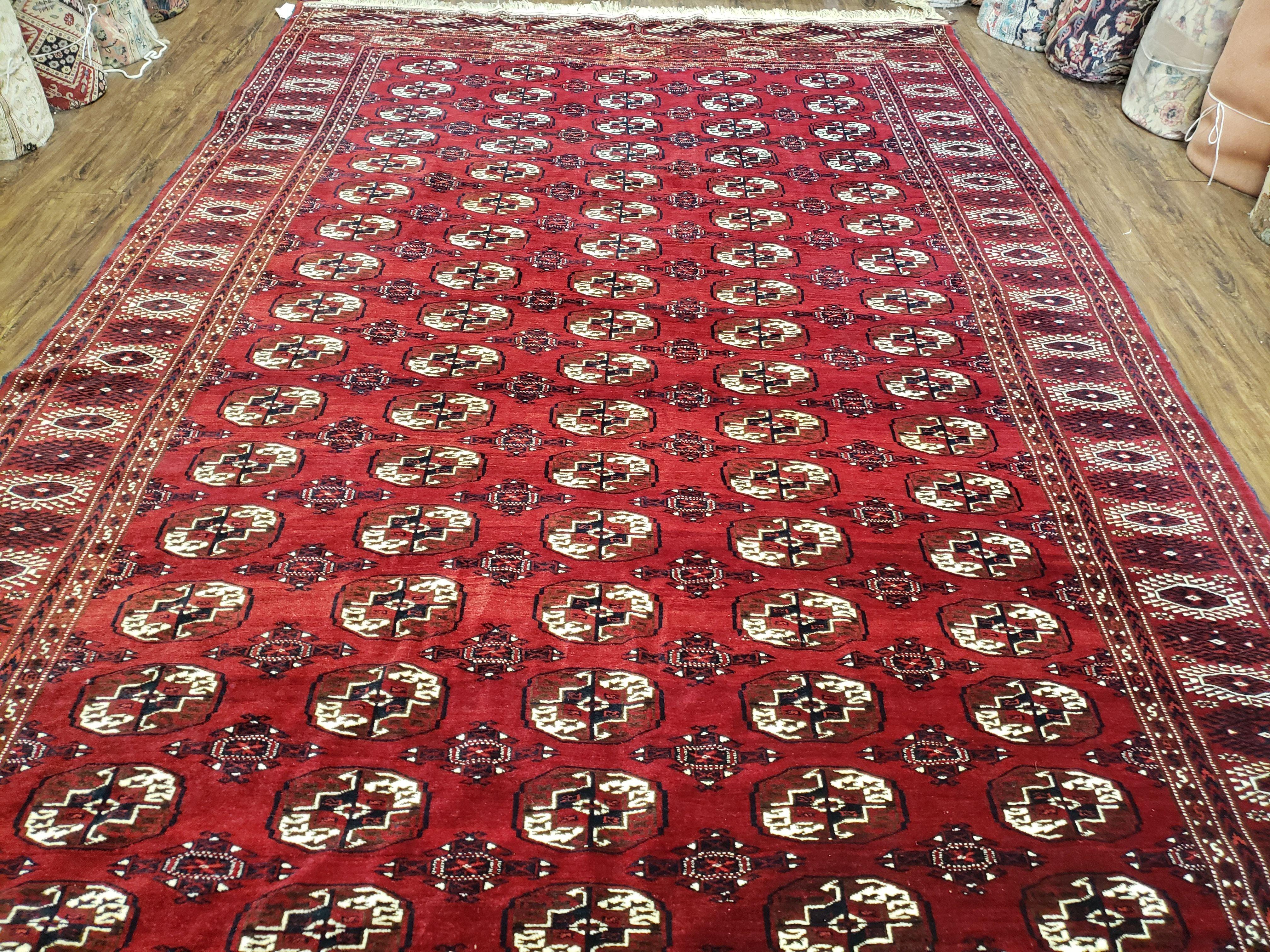 Persian Turkoman Rug 8 x 12.5, Bokhara Turkoman Carpet, Fine Oriental Rug, Vintage Wool Handmade Area Rug, Red Black Cream, Room Sized - Jewel Rugs