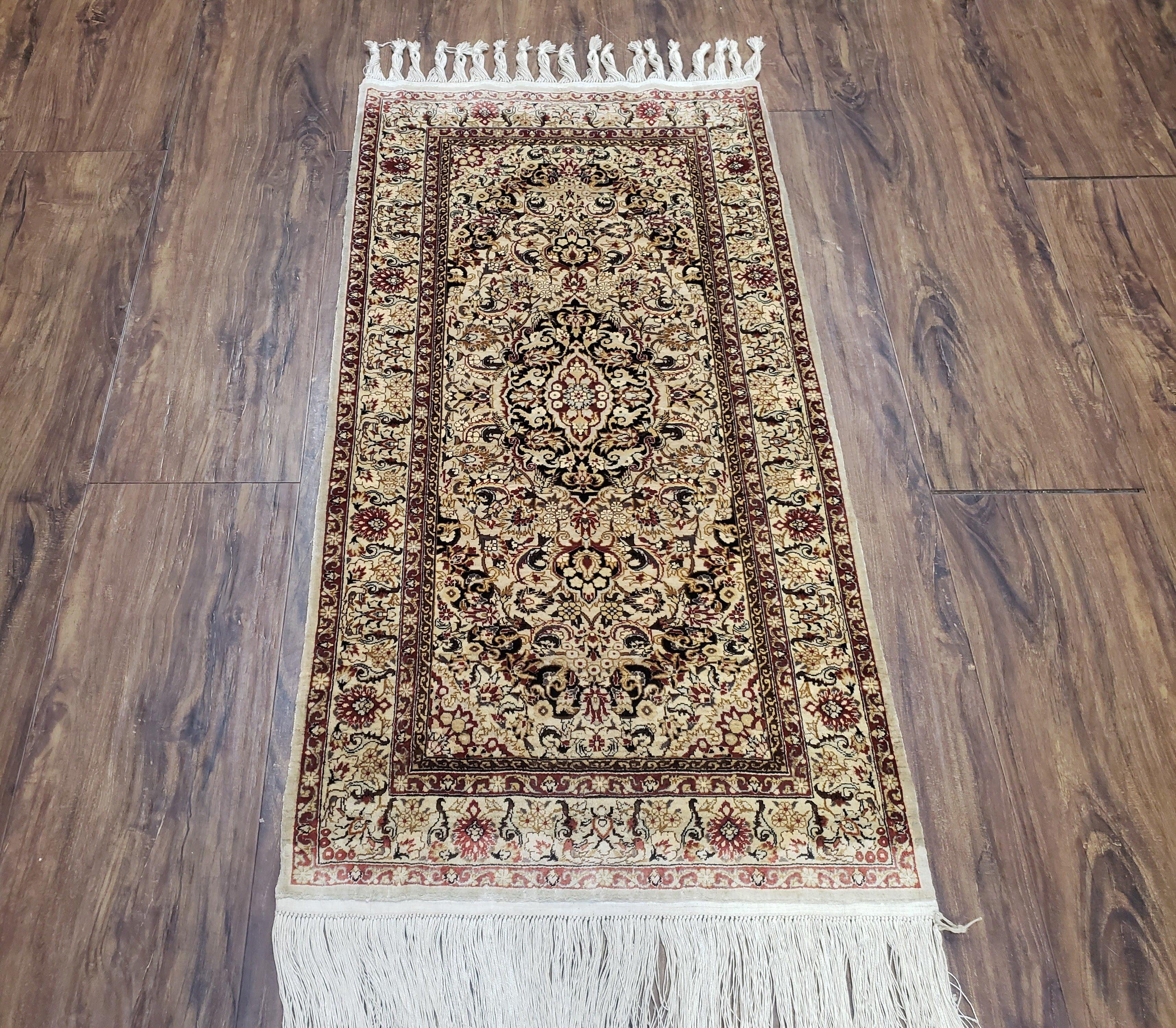 Silk Oriental Rug 1' 7" x 3', Very Fine Silk Carpet, Small Silk Rug, Traditional Floral Medallion, Hand-Knotted Cream Beige Vintage Silk Rug - Jewel Rugs