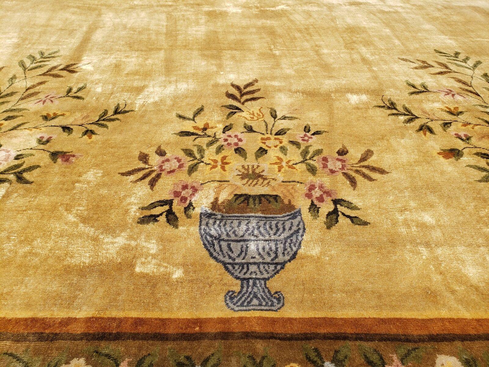 14' X 24' Aubusson Design Wool Rug Gold Palace Size Rug with Flowers and Vases - Jewel Rugs