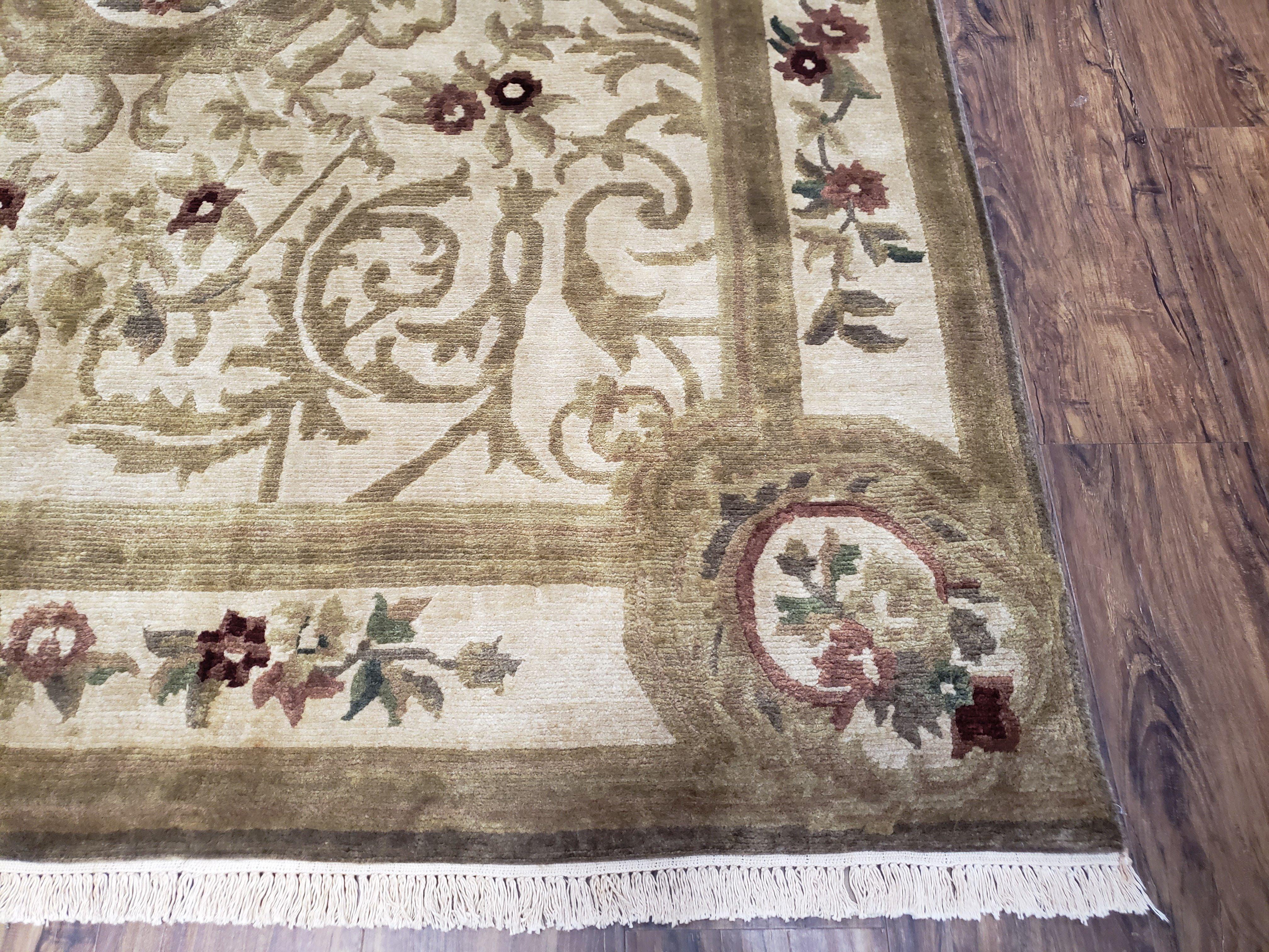 Vintage Nepali Tibetan Aubusson Rug 6x9, Wool Hand-Knotted Cream Beige Carpet, Leaves & Floral Pattern 6 x 9 Soft Area Rug Home Office Rug - Jewel Rugs