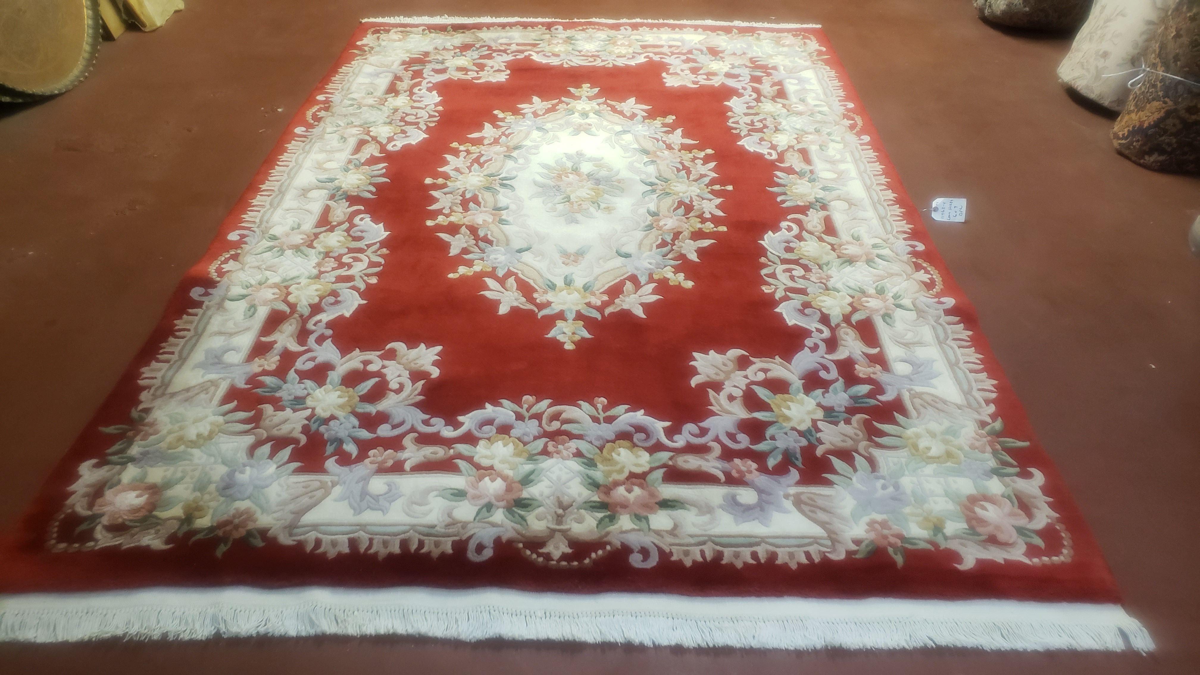 Red & Ivory Chinese Rug 6x9, Vintage Chinese Wool Carpet, Chinese Carving Rug, 90 Line, Aubusson Pattern, Handmade Soft Plush Area Rug - Jewel Rugs