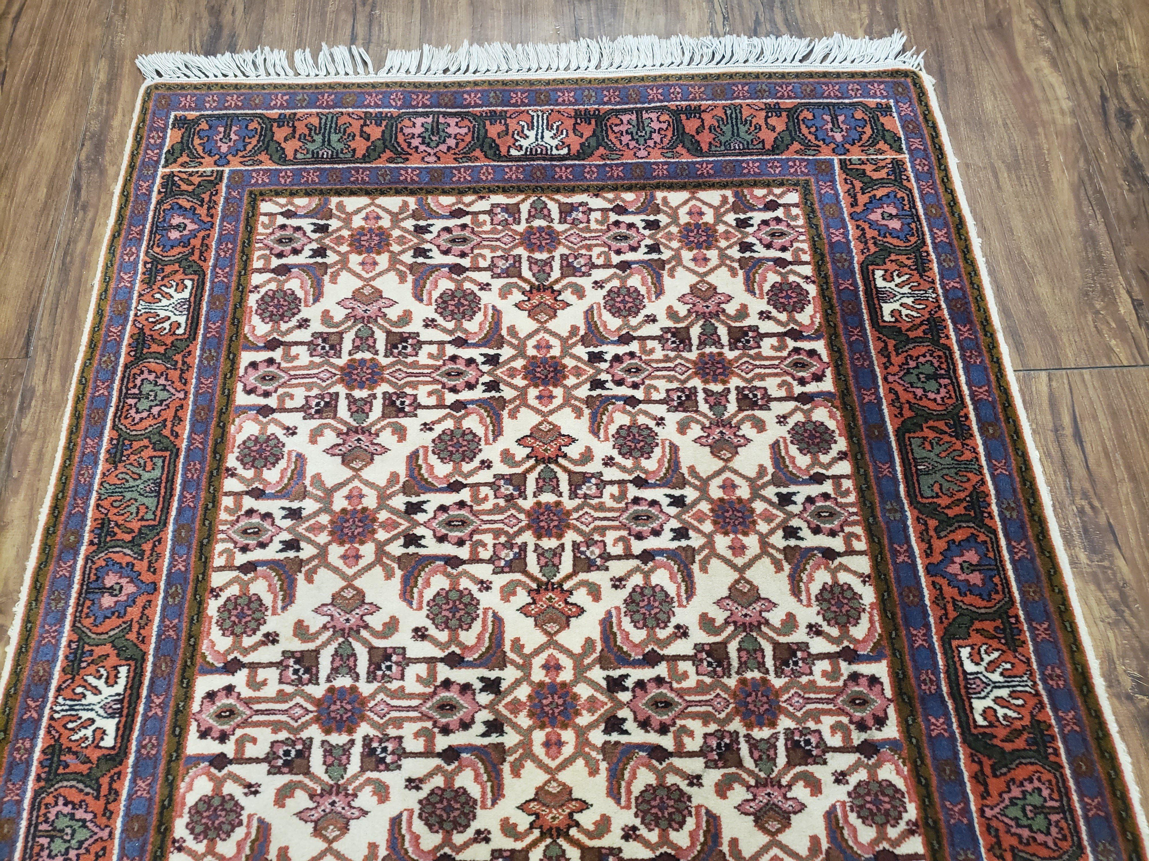 Vintage Geometric Indo Persian Bidjar Area Rug 3x5, Wool Hand-Knotted Ivory Traditional Indian Carpet, 3 x 5 Entryway Room Rug Floral Carpet - Jewel Rugs