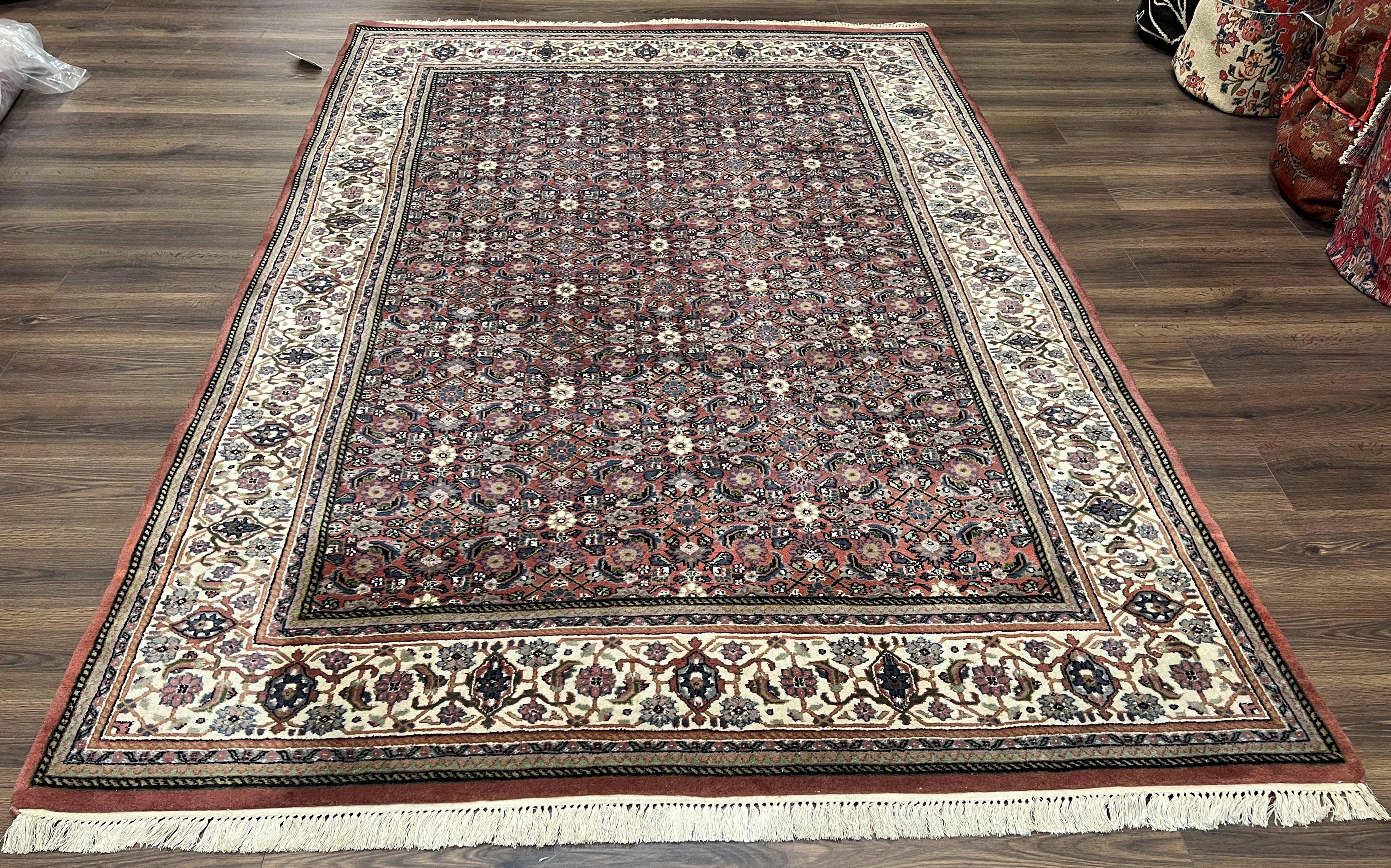 Indo Bidjar Rug 7x10, Indo Persian Bijar Carpet 7 x 10 ft, Herati Allover Floral, Maroon and Cream, Wool Hand Knotted Vintage Oriental Rug - Jewel Rugs