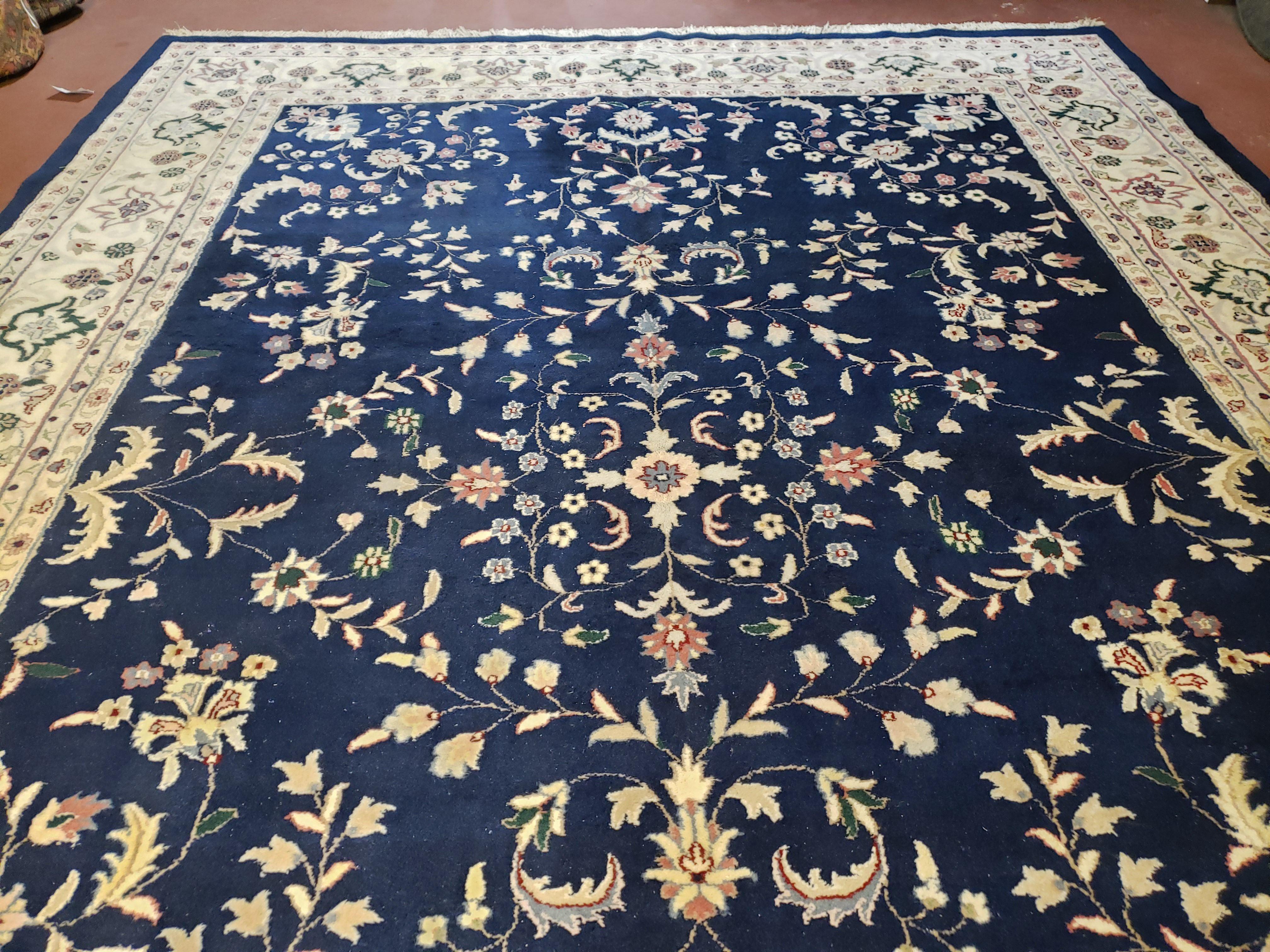 9x12 Pak Persian Floral Rug, 9 x 12 Pakistani Peshawar Rug, Midnight Blue Rug, Beige & Ivory, Hand-Knotted Oriental Carpet, Living Room Rug - Jewel Rugs