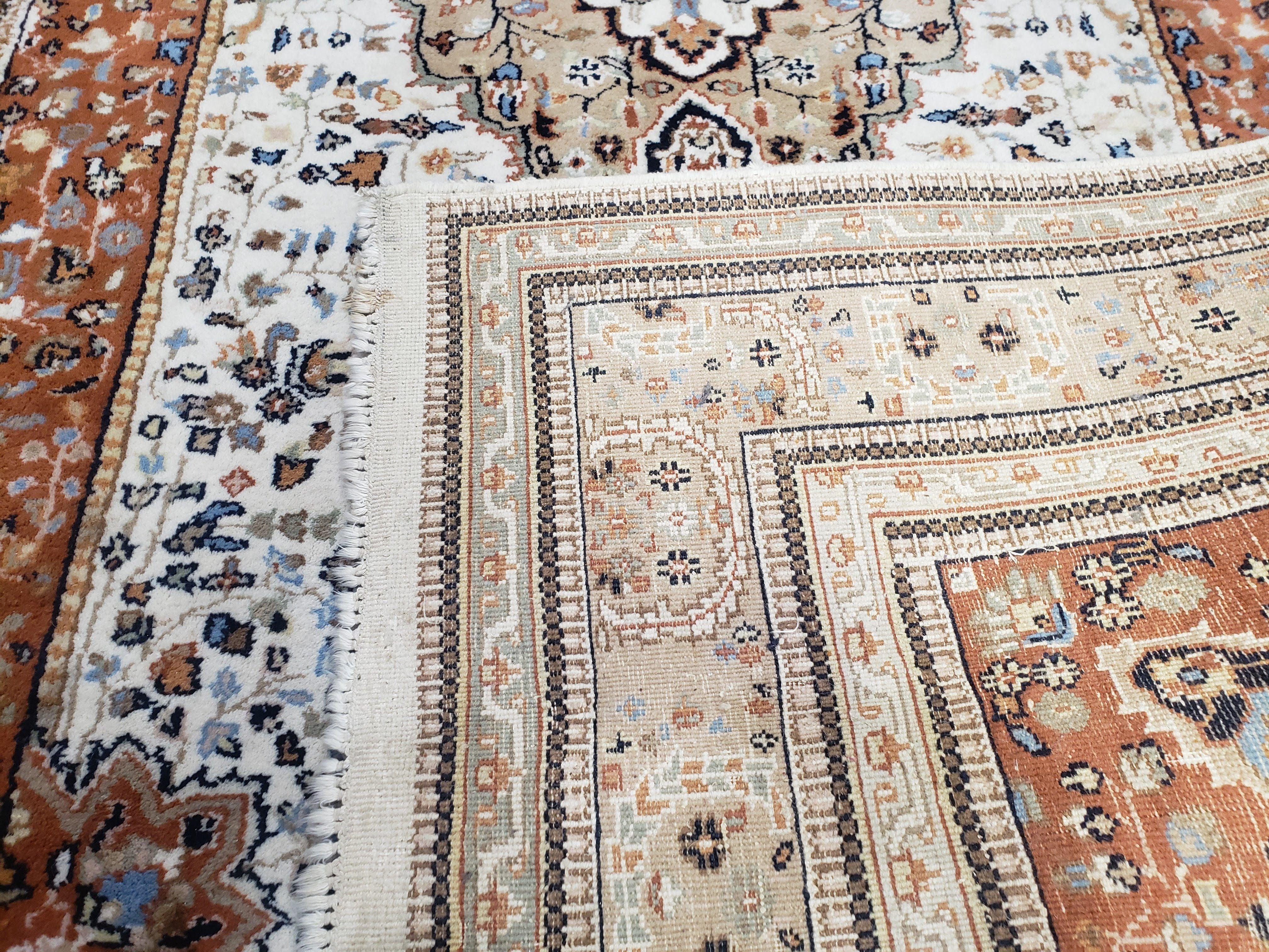 6x9 Vintage Indo-Persian Area Rug, Wool Hand-Knotted Carpet, Ivory & Squash Orange, Floral Medallion Tribal Rug, Indian Carpet, Decorative - Jewel Rugs