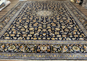 Wonderful Navy Blue Persian Kashan Rug 11x13, Allover Floral Design with Central Medallion, Wool Hand-Knotted Antique Carpet, Signed Rabani Rug - Jewel Rugs