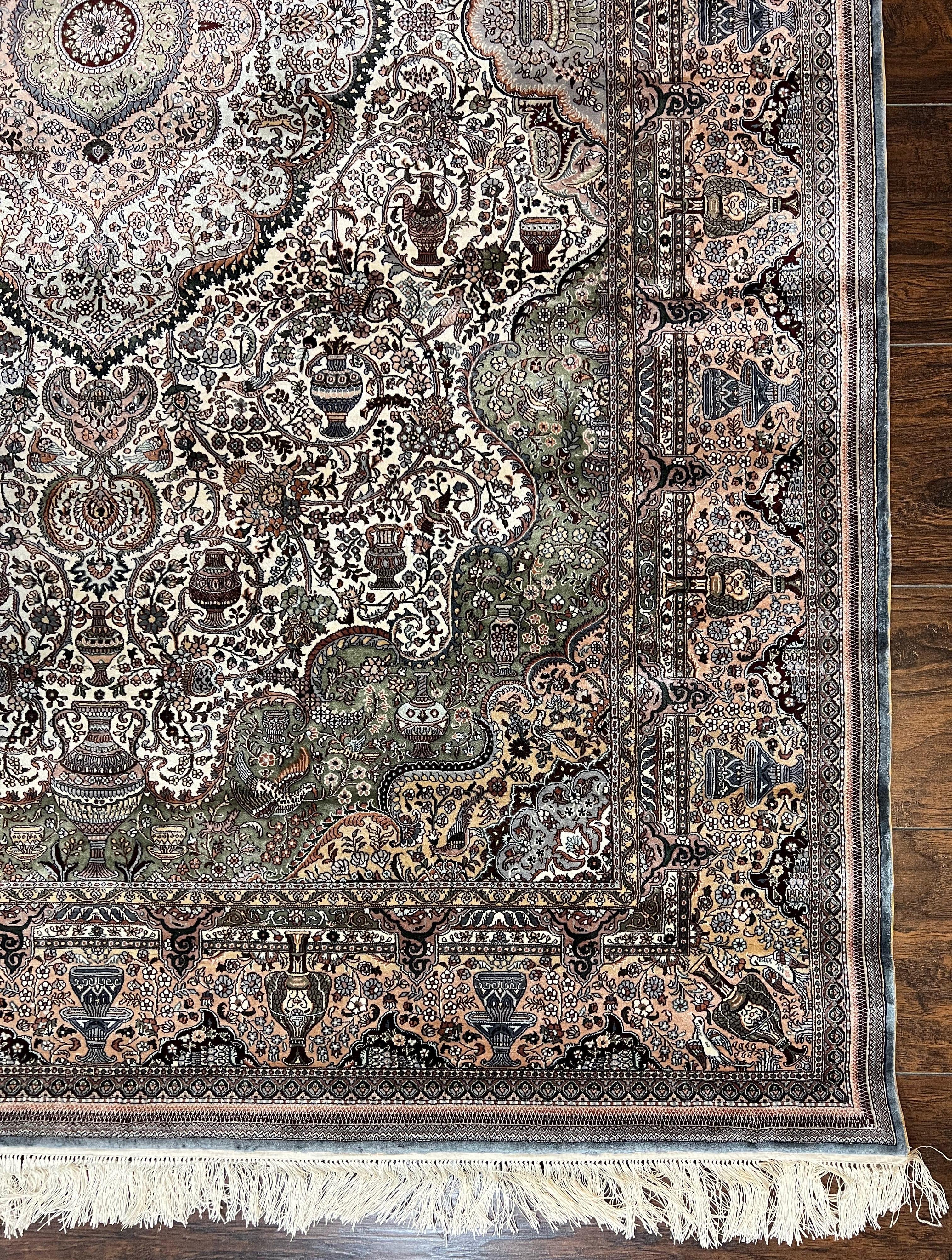 Very Fine Sino Persian Silk Rug 4x6, Floral Medallion, Hand Knotted, Silk Pile on Silk Foundation, Ivory, Vintage Handmade Oriental Carpet - Jewel Rugs