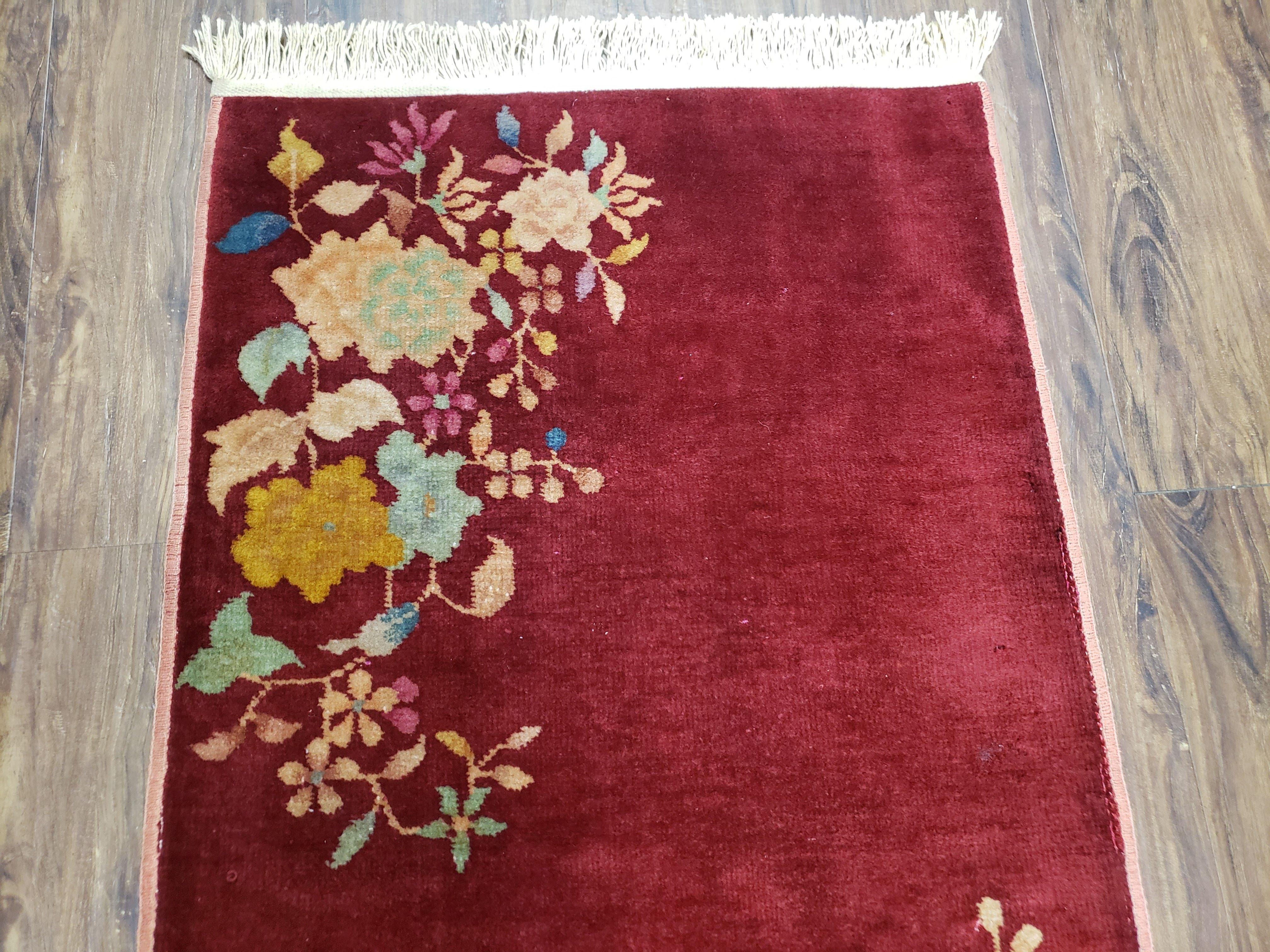 Small Chinese Art Deco Rug, Maroon Art Deco Carpet 2x4 Rug, Floral Nichols Rug, Peking Rug, Antique Deco Asian Decor, Handmade, Wool, Pair A - Jewel Rugs