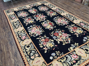 Vintage Chinese Needlepoint Rug 6x9, Floral Panel, Garden Design, European French English, Black with Multicolor Flowers, Wool Needlepoint - Jewel Rugs