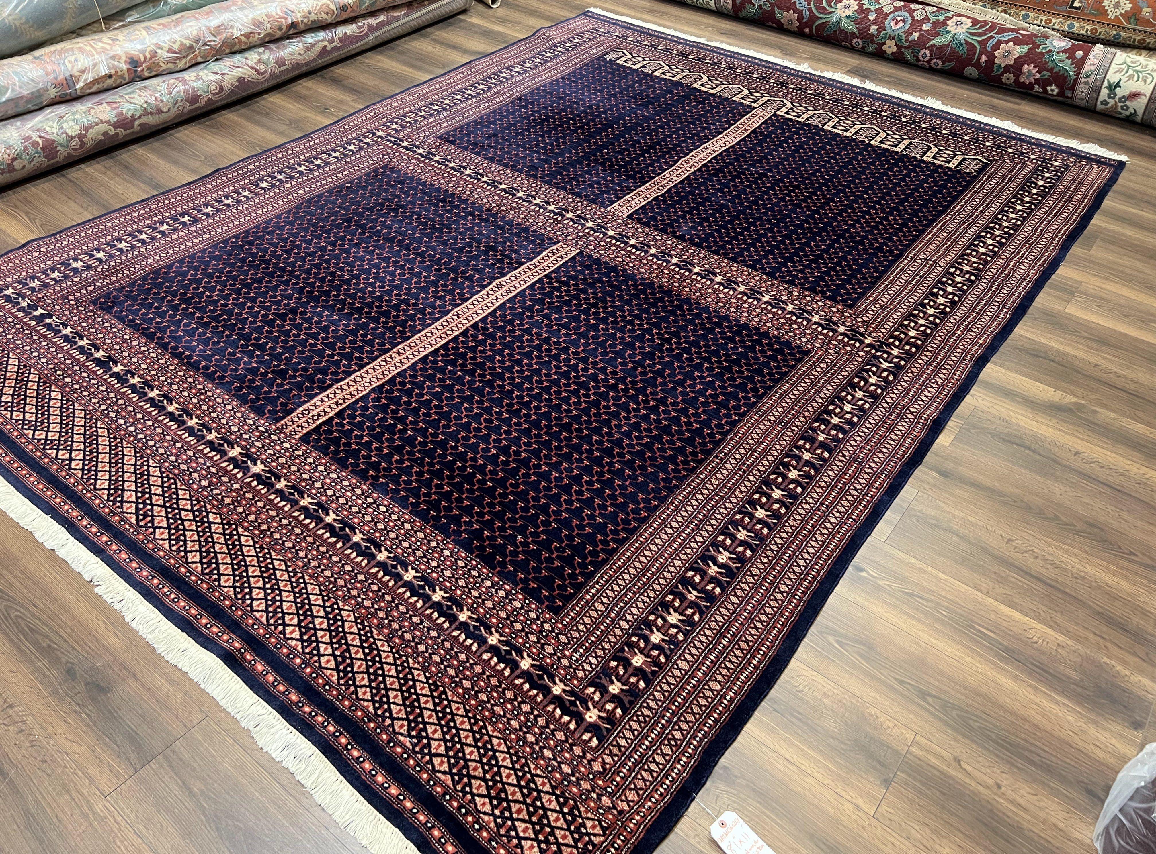 Pakistani Rug 8x11, Hand Knotted Wool Carpet, Navy Blue Red Beige, Four Season Hatchli Design, 8 x 11 Vintage Fine Oriental Rug, Room Sized - Jewel Rugs