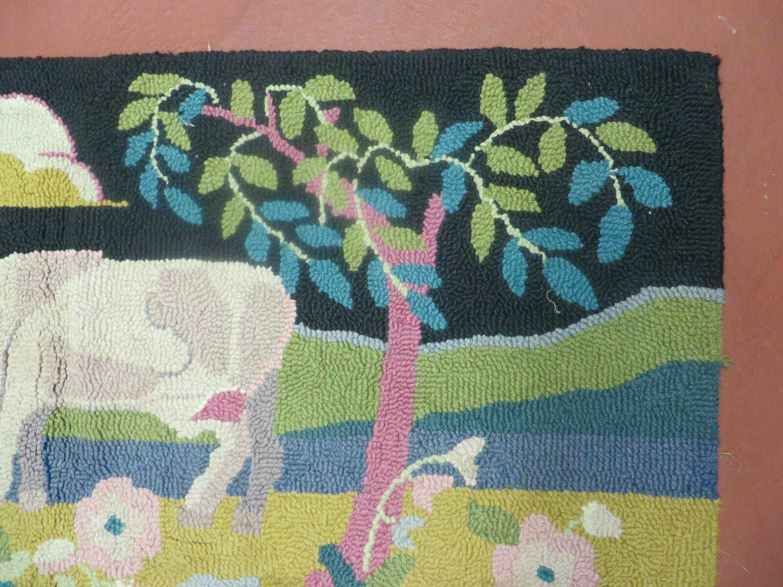 2' X 3' 7" Vintage American Handmade Hooked Rug COW RABBIT Farm Nice - Jewel Rugs