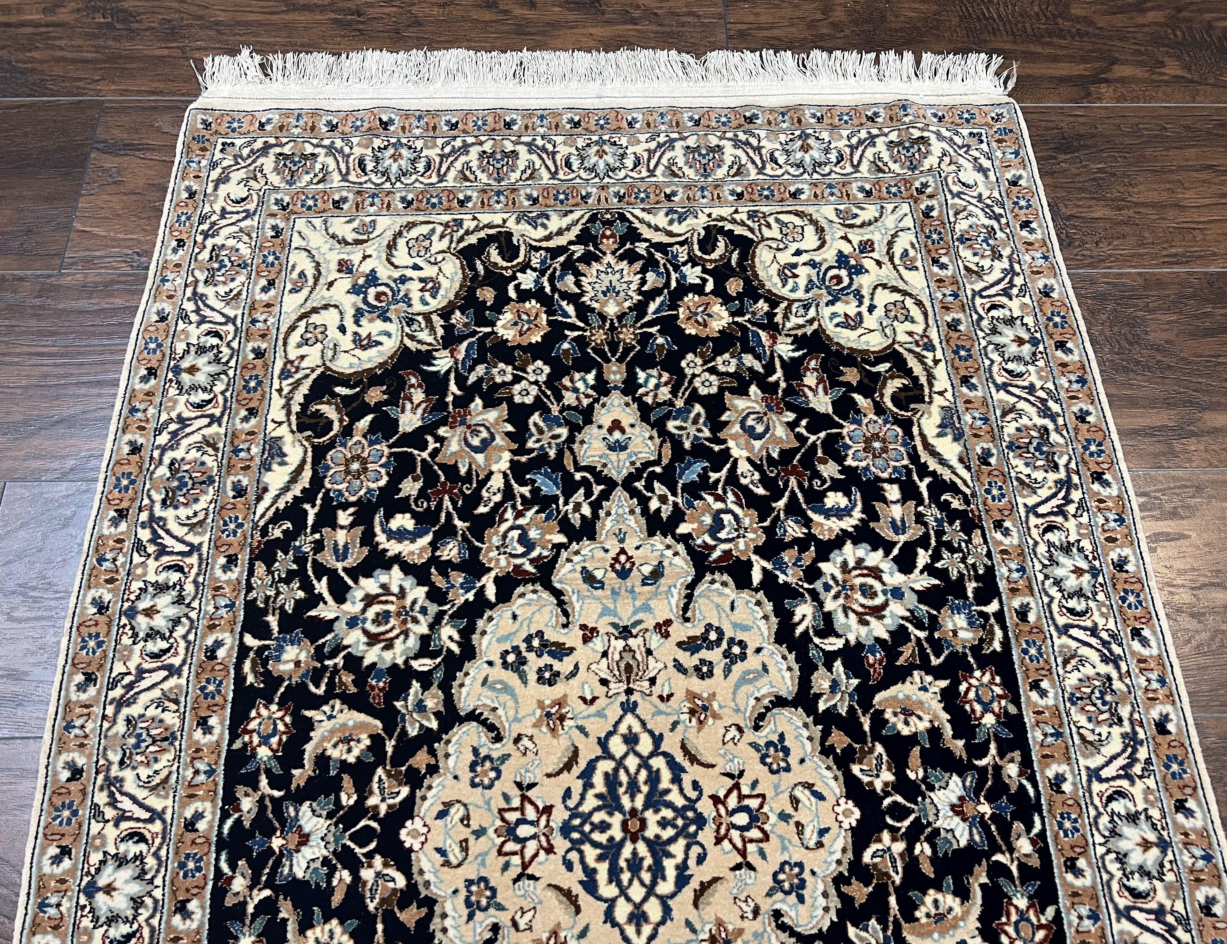 Fine Vintage Persian Nain Rug 2.8 x 4.2, Floral Medallion, Navy Blue and Cream, Highly Detailed, Small Oriental Rug 2.5 x 4, Hand Knotted Wool & Silk Accents - Jewel Rugs