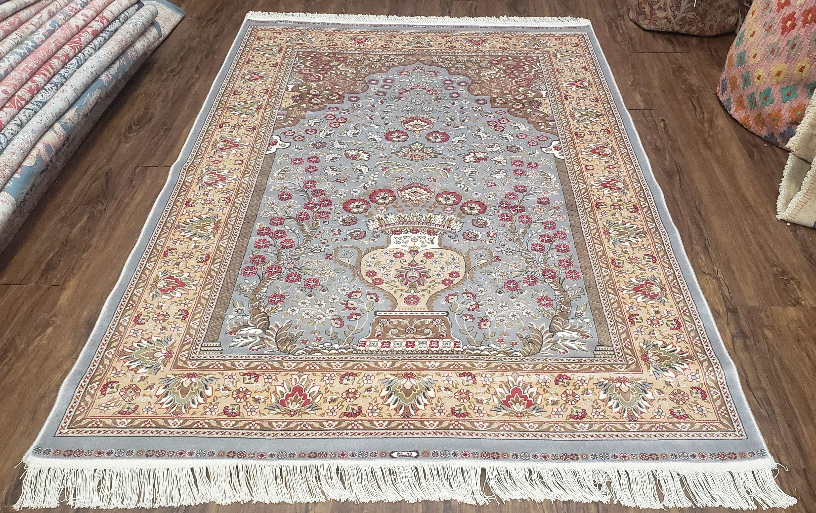 4x6 Silk Carpet, Teal & Beige All Silk Rug, Persian Vase Flowers Design, Silk on Silk, Super Soft, High Quality, Bamboo Silk, 120 x 180 cm - Jewel Rugs