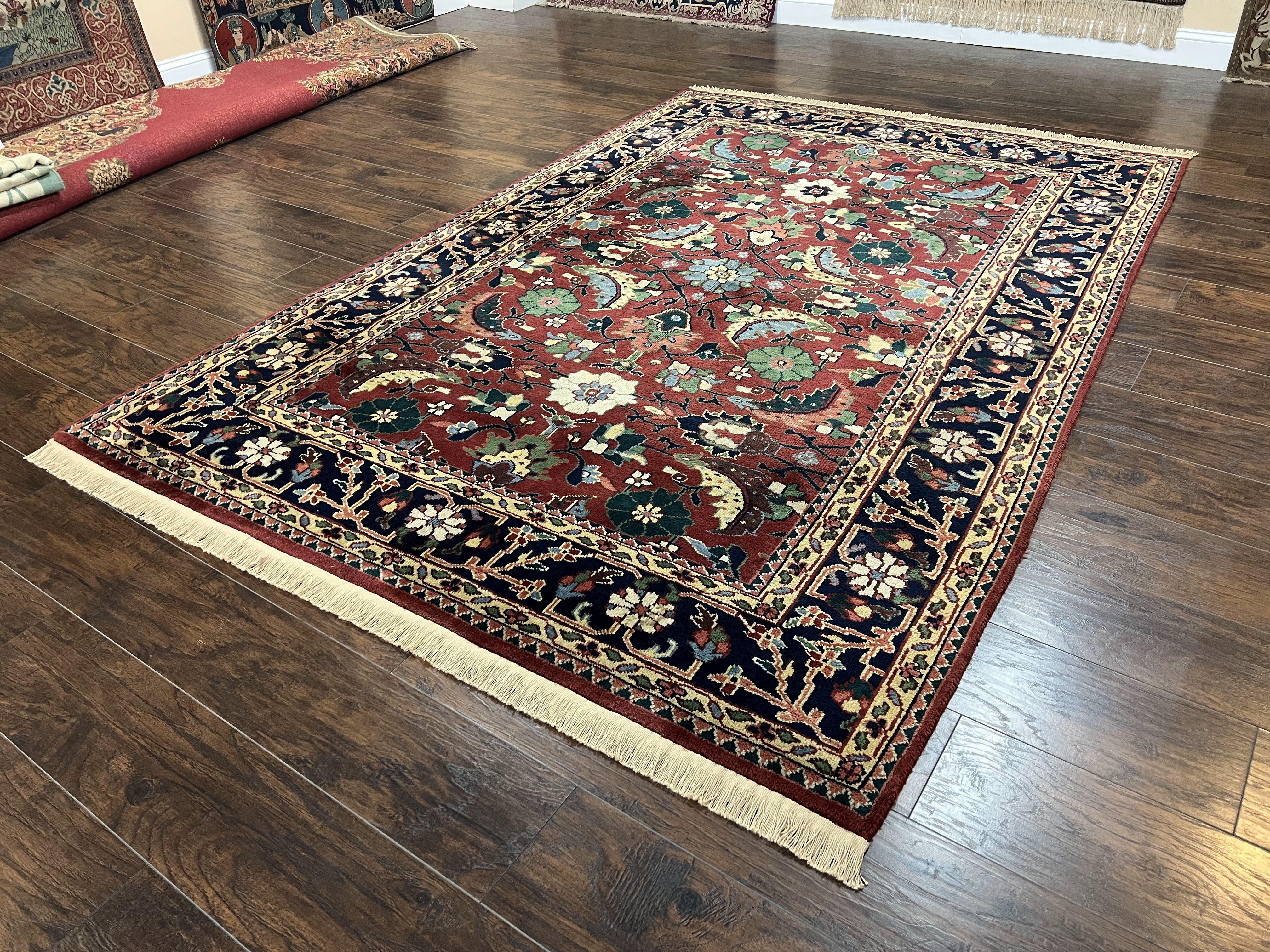 Indo Heriz Rug 6x9 Indian Persian Carpet, Vintage Rug 6 x 9 Oriental Rug, Hand Knotted Wool Rug Red Black Blue Colorful Allover Large Leaves - Jewel Rugs