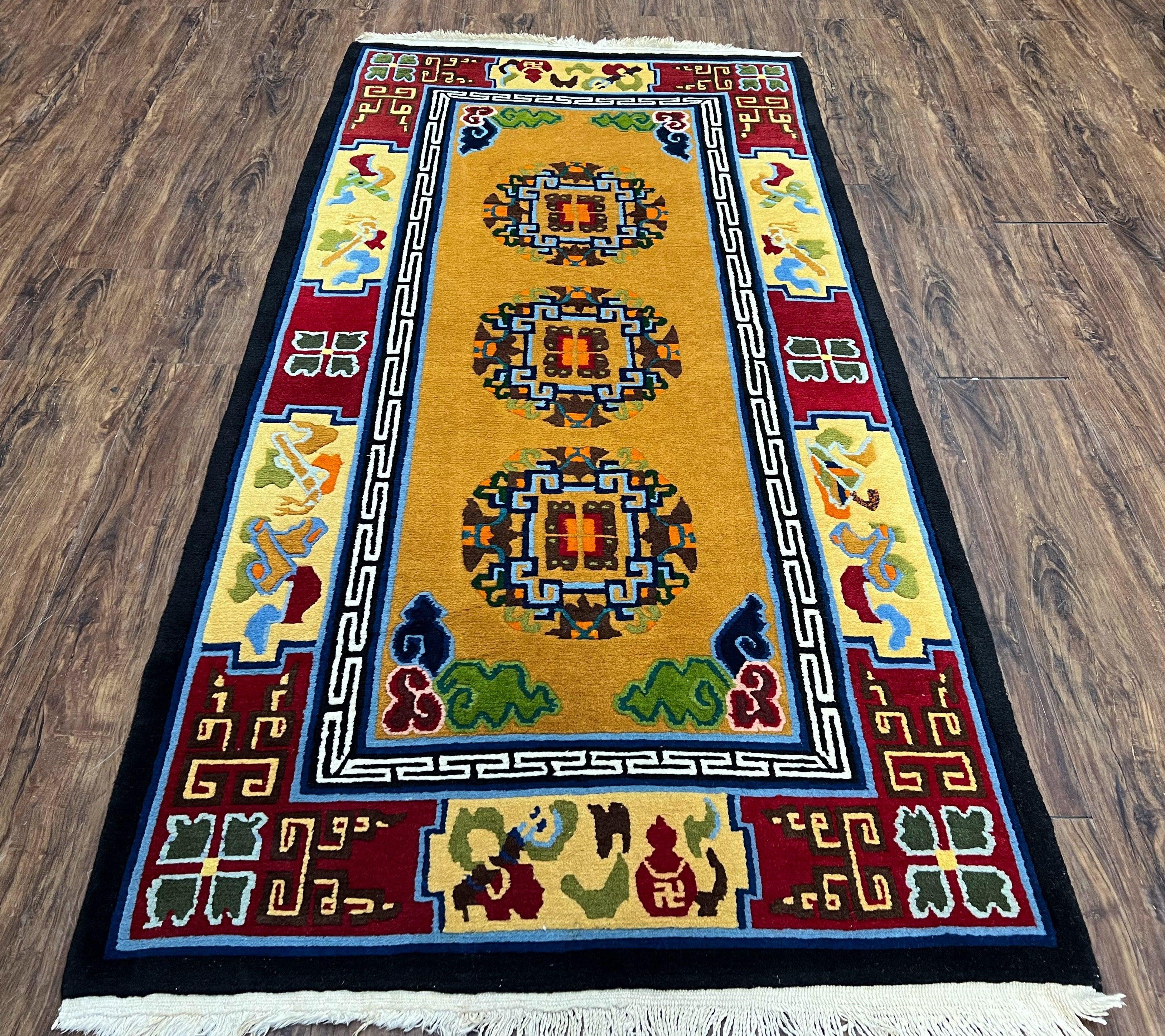 Vintage Chinese Art Deco Rug 3x6, Orange Dark Blue Maroon Chinese Peking Carpet, Asian Oriental Wool Rug, Bold Colors, Bedroom Rug, Hallway - Jewel Rugs
