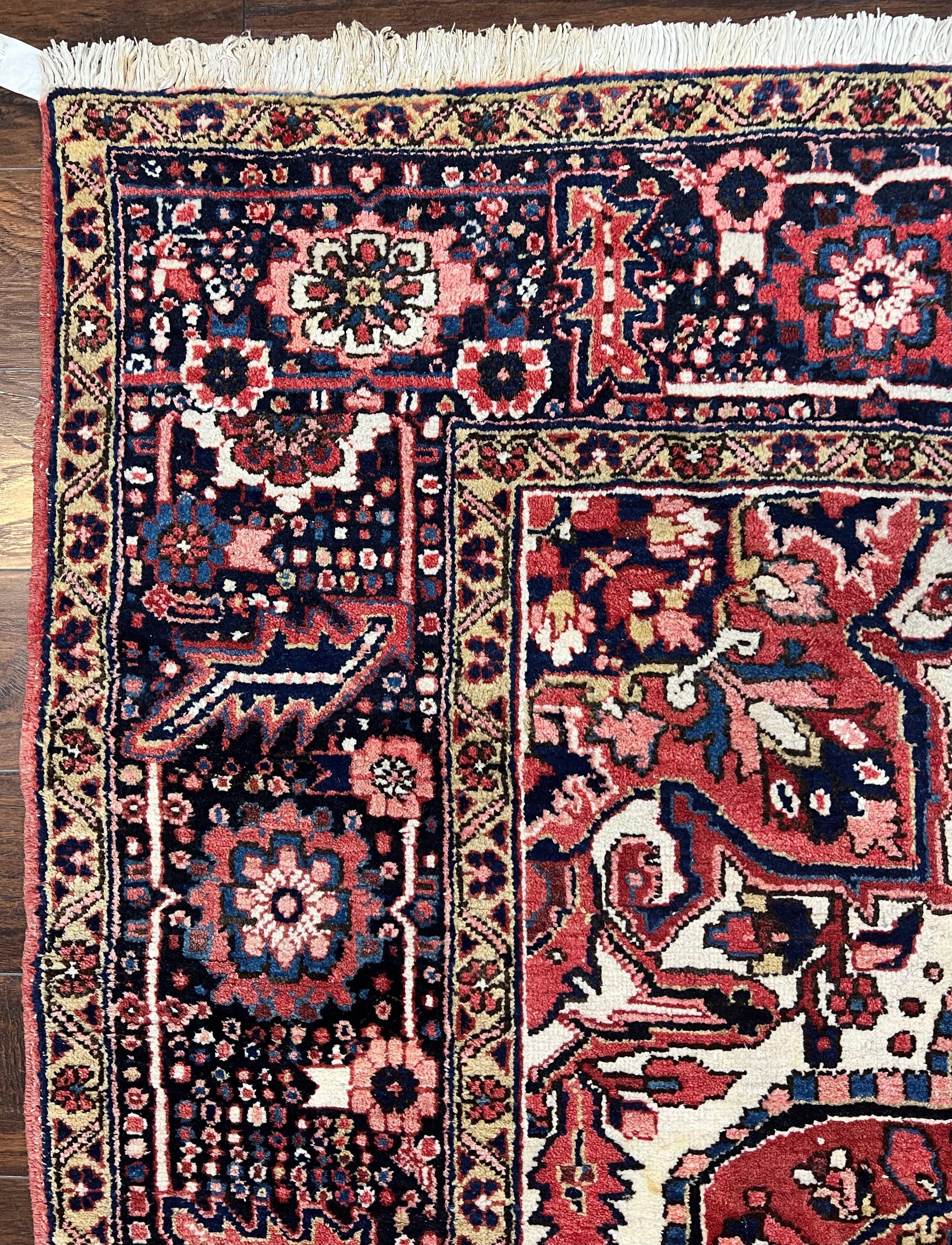 Persian Heriz Rug 8x12, Vintage Geometric Medallion Carpet, Semi Antique Wool Handmade Room Sized Oriental Rug 8 x 12, Red Dark Blue Ivory - Jewel Rugs