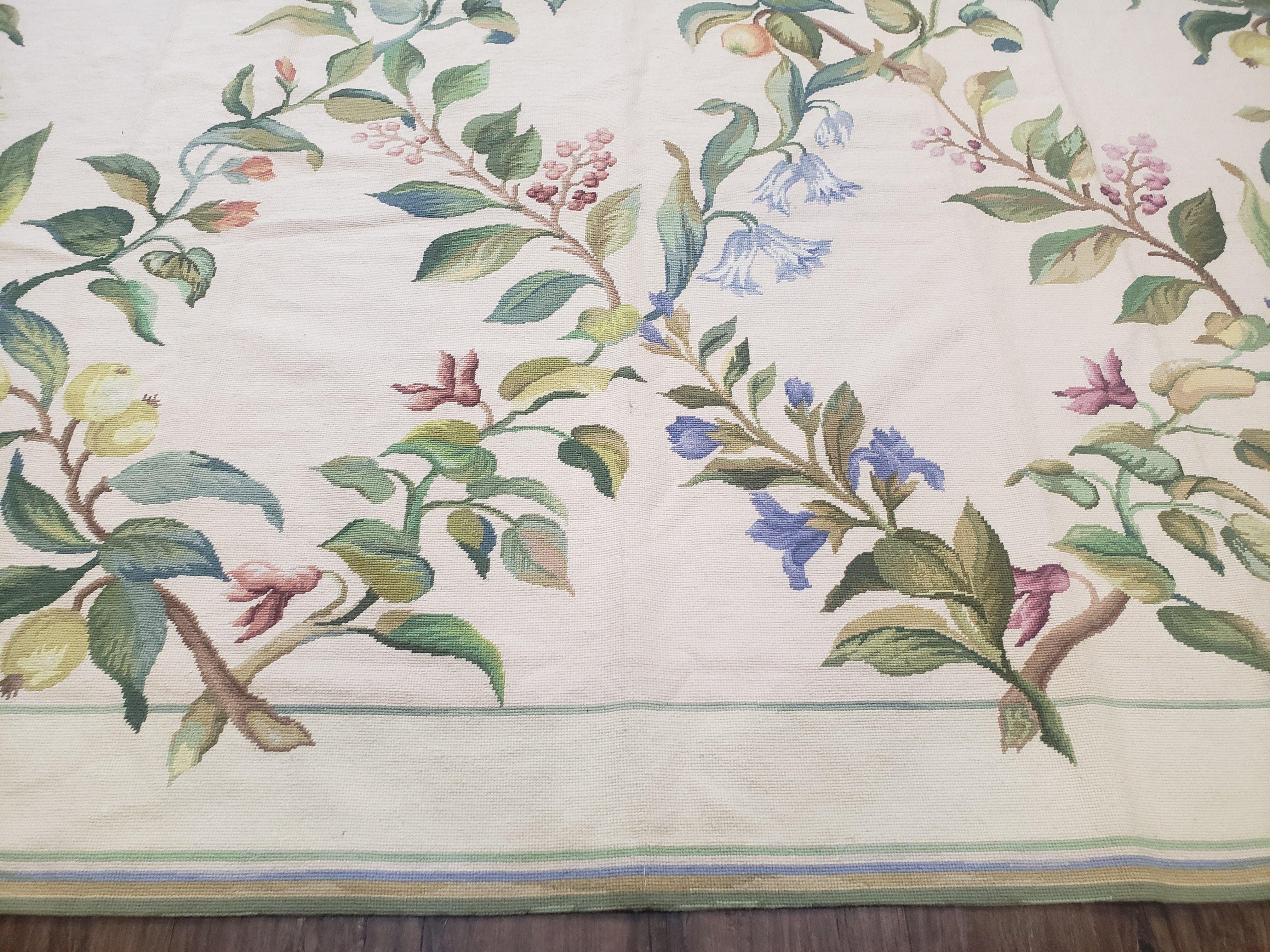 Vintage Chinese Needlepoint Area Rug 8x10, Flatweave Aubusson Carpet 8 x 10, Wool Hand-Knotted Ivory & Green Leaves Floral Aubusson Rug - Jewel Rugs