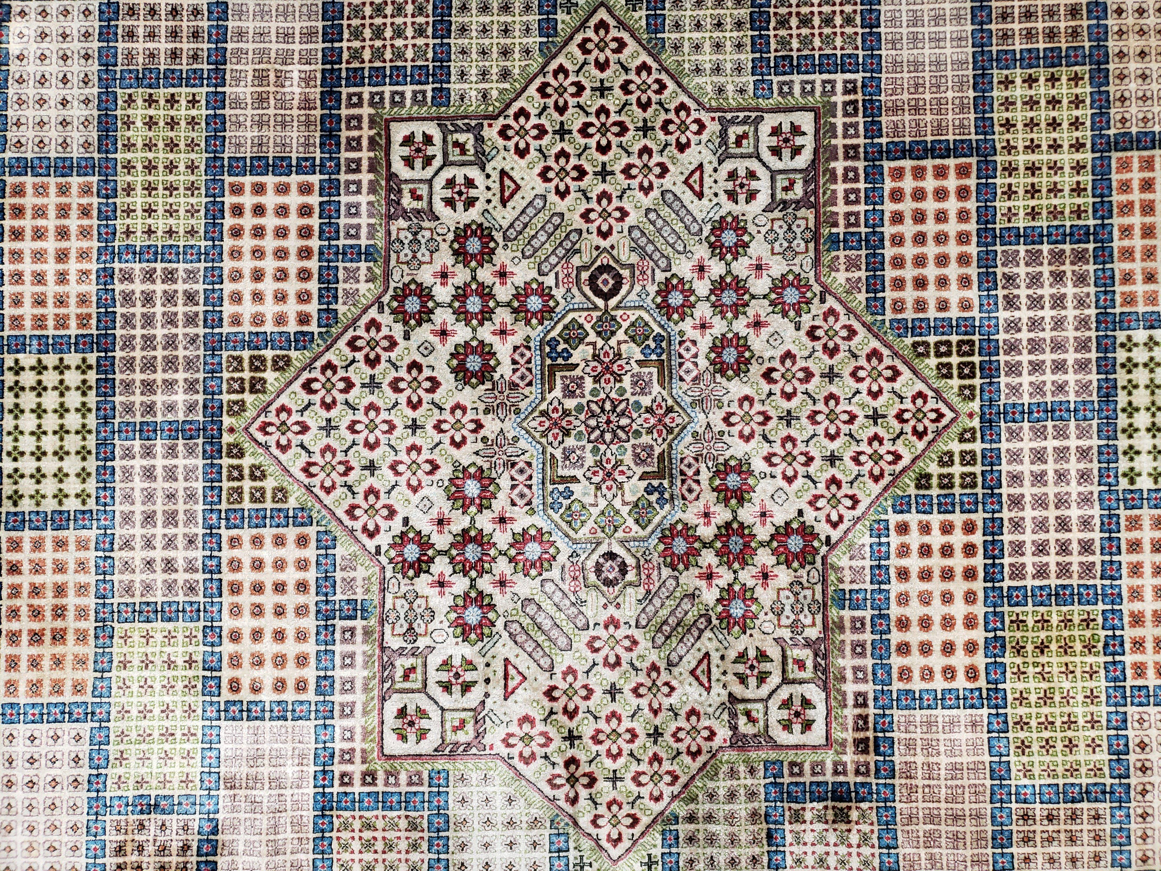 Sino Persian Silk Rug 6.4 x 9.9, Very Fine Hand Knotted Carpet, Panel Design Multicolor, Silk Pile on Silk Foundation, Handmade Vintage - Jewel Rugs