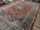 Large Indo Persian Rug 10x14, Wool Handmade Vintage Oriental Carpet Red and Dark Blue Medallion Rug Corner Design, Allover Floral Indian Rug - Jewel Rugs