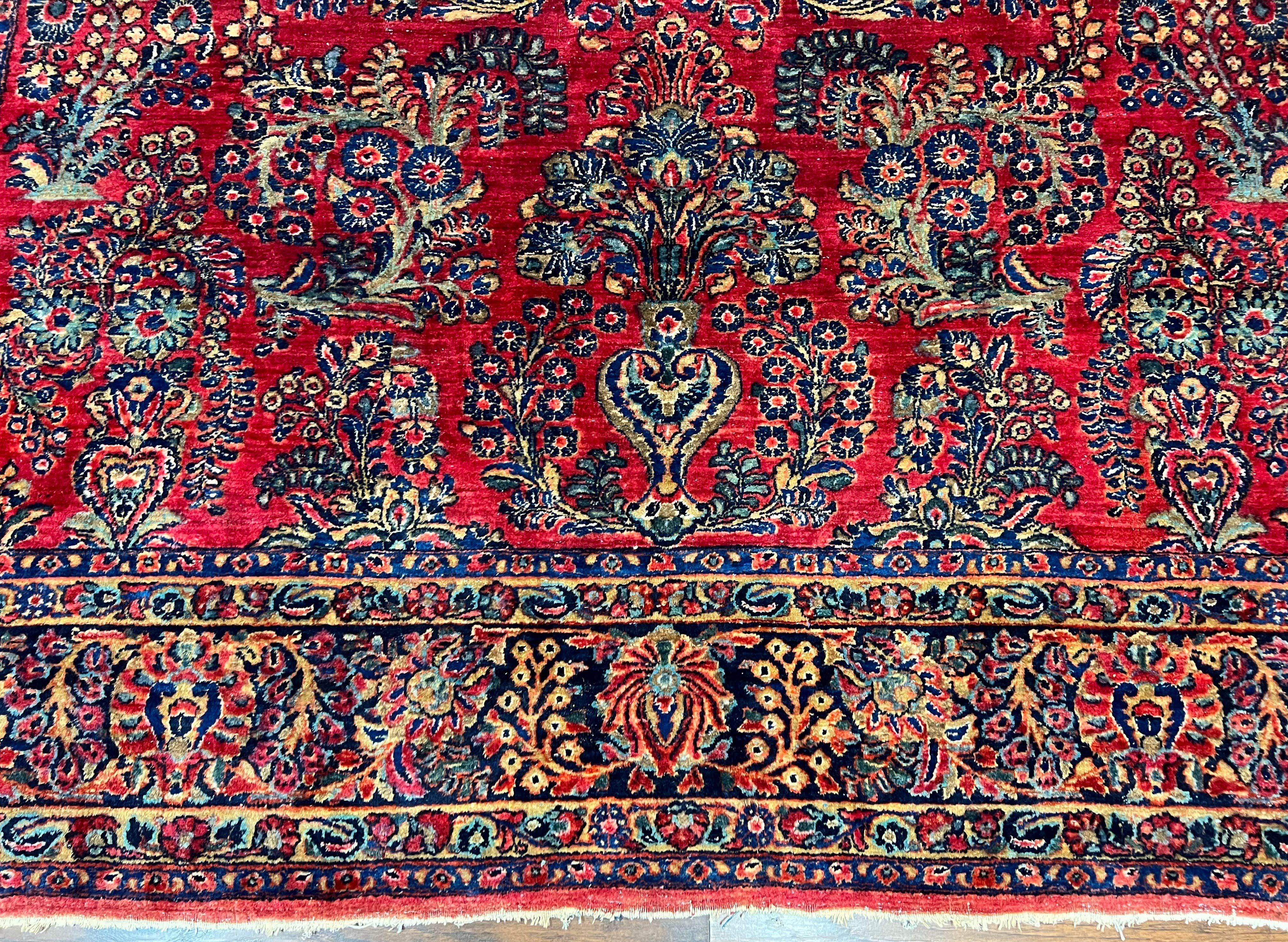 Stunning Persian Sarouk Rug 9 x 16, Antique 1920s Oversized Persian Carpet 9 x 16 ft, Palace Sized Handmade Wool Rug with Signature Red Blue Floral - Jewel Rugs