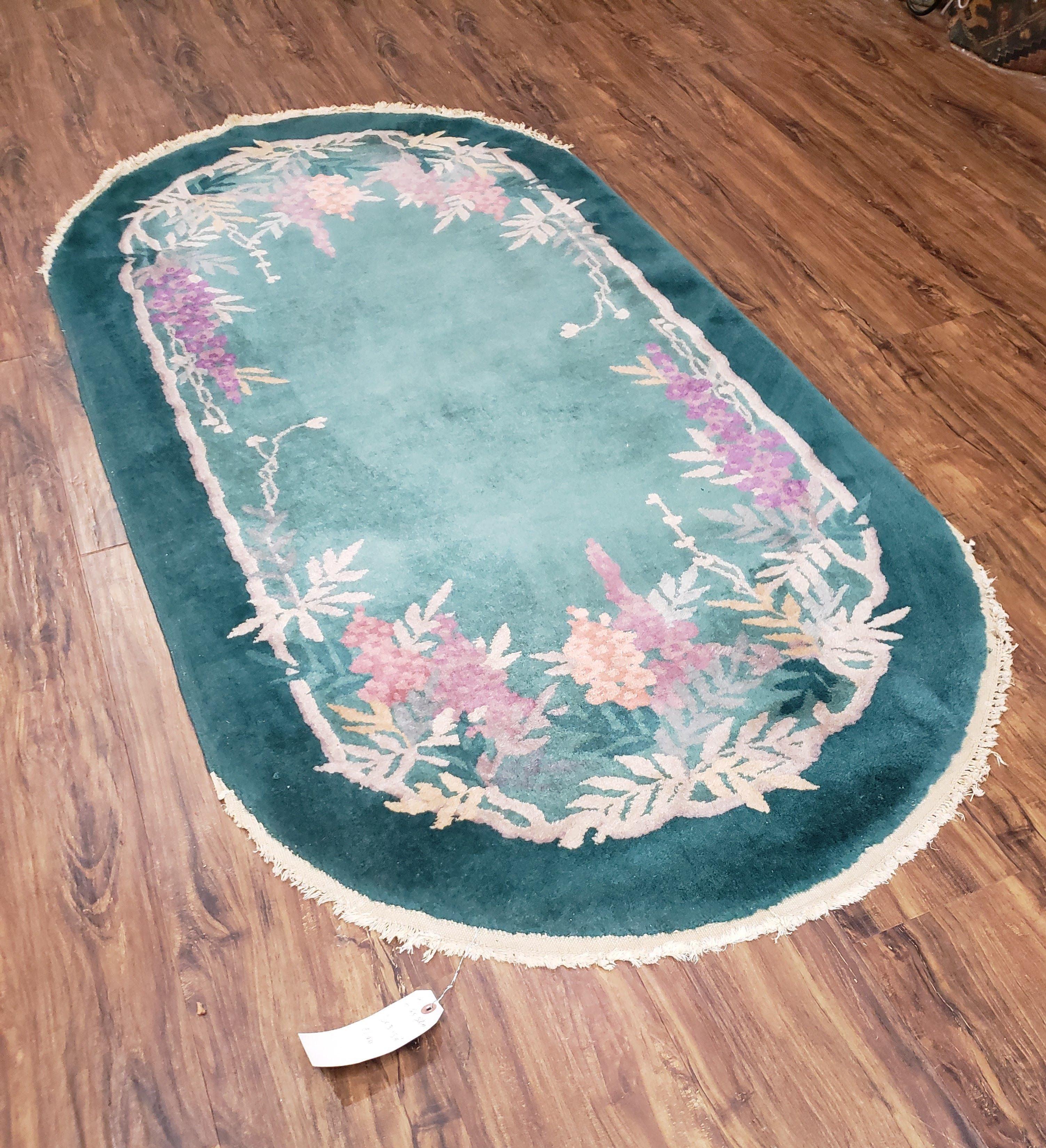 Oval Chinese Peking Rug, Teal Chinese Rug, Antique Art Deco Rug, Nichols Rug Oval, 3' x 5' 9", Teal and Green with Flowers, Wool, Handmade - Jewel Rugs