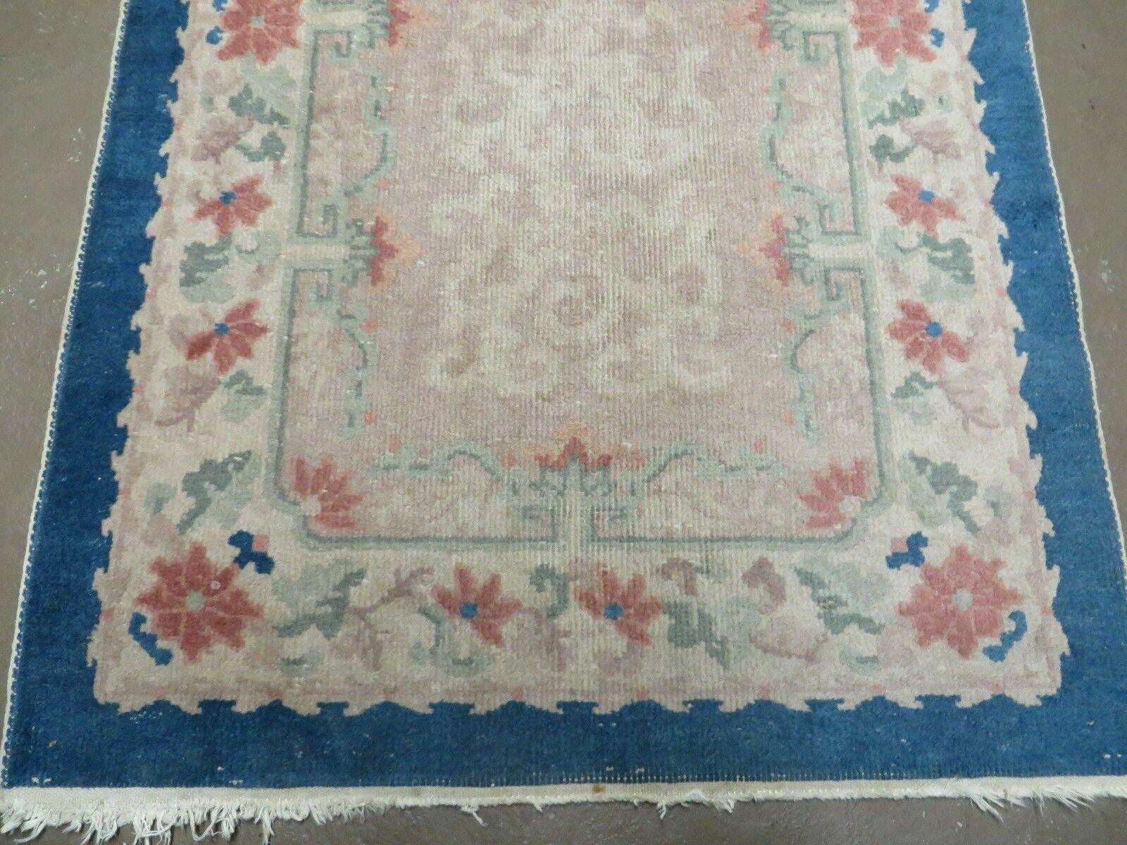 2.5' X 4' Vintage Handmade Chinese Art Deco Nichols Fette Wool Accent Rug Gray and Blue - Jewel Rugs