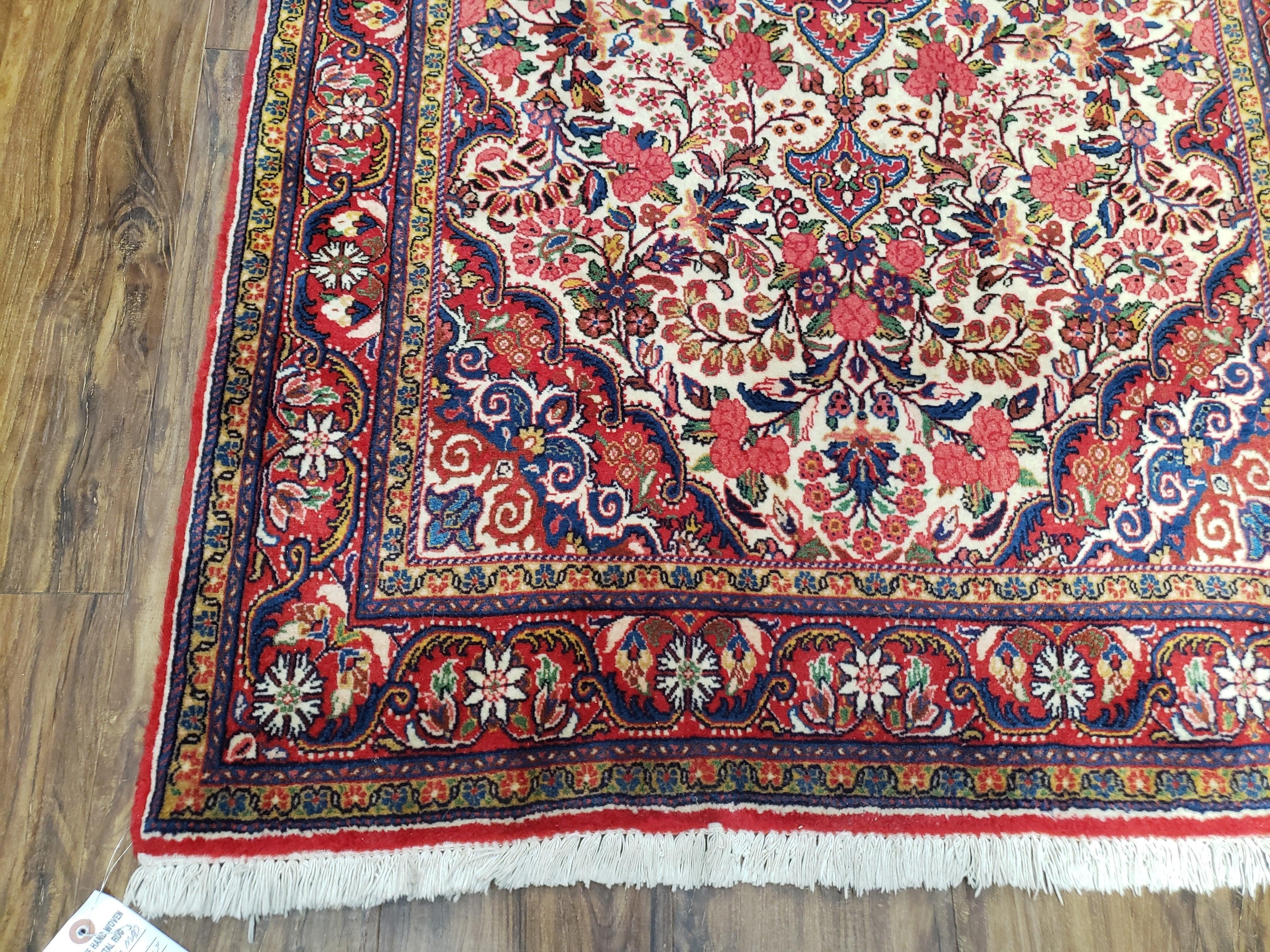 Semi Antique Persian Bidjar Rug, Ivory Red & Blue, Floral, Hand-Knotted, Wool, 3'4" x 5'3" - Jewel Rugs