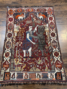 Antique Persian Shiraz Pictorial Rug 3.6 x 5, Persian Tribal Rug, Handmade, Lions, Highly Unique Collectible Small Persian Carpet, Maroon, Wool - Jewel Rugs