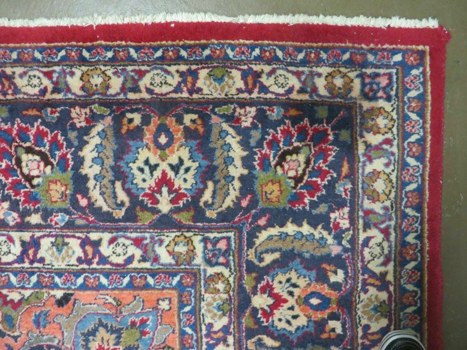 Signed Persian Mashad Rug 10x13 Oriental Carpet, Semi Antique Rug 10 x 13 Vintage Rug, Hand Knotted, Traditional, Red Blue Cream, Medallion Allover - Jewel Rugs