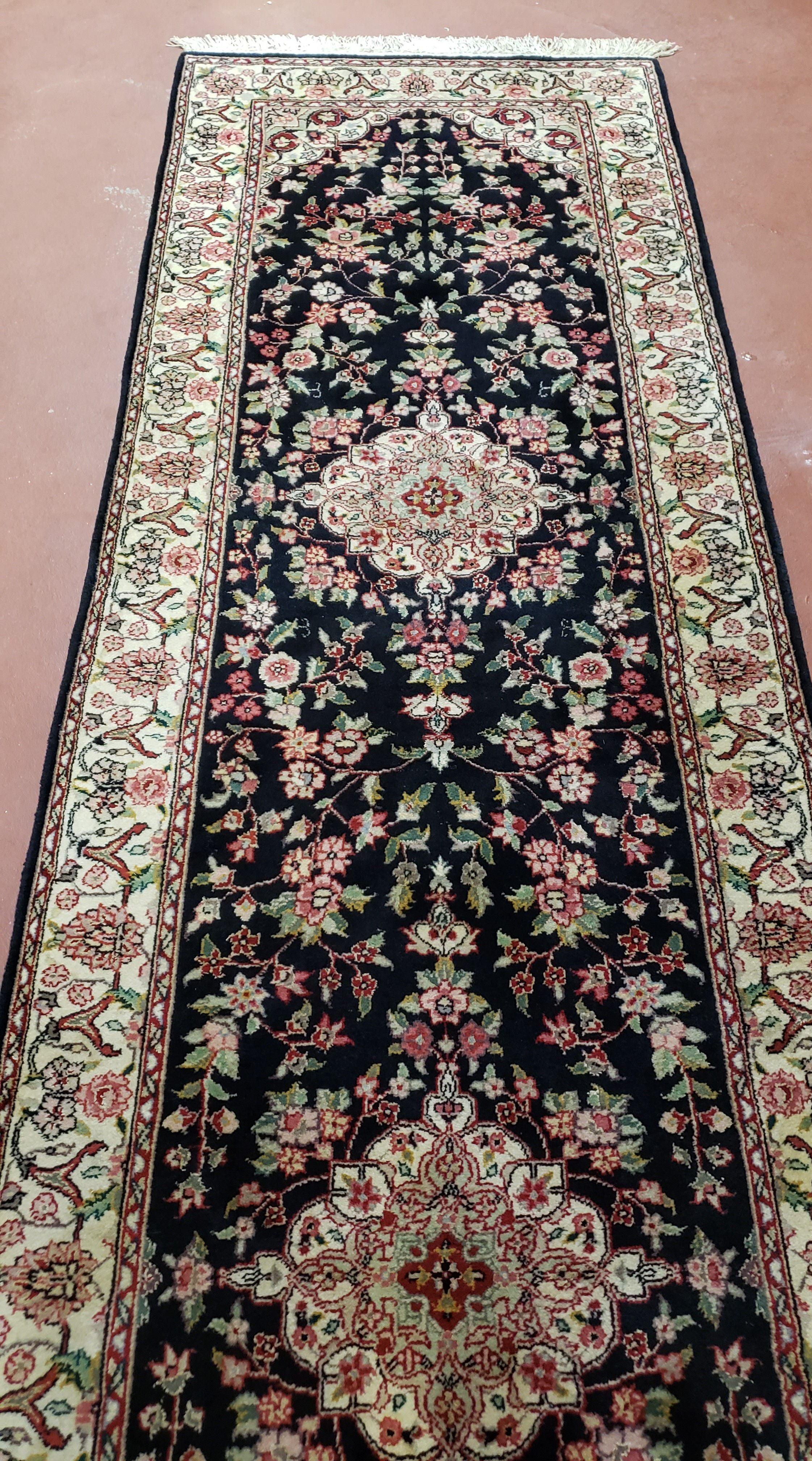 Traditional Oriental Runner Rug, 12ft Long Hallway Carpet, 2.5 ft Wide Black & Ivory Persian Runner, 2' 7" x 12", Hand Knotted Wool Vintage - Jewel Rugs