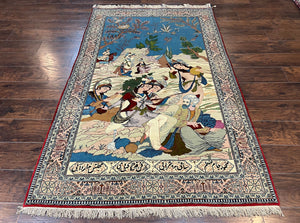 Very Fine Persian Qum Pictorial Rug 5x7, Hand Knotted Handmade Vintage Wool Wall Hanging Oriental Carpet, Blue, Poetry in Border, Lovers Birds, Ghom Qom Rug