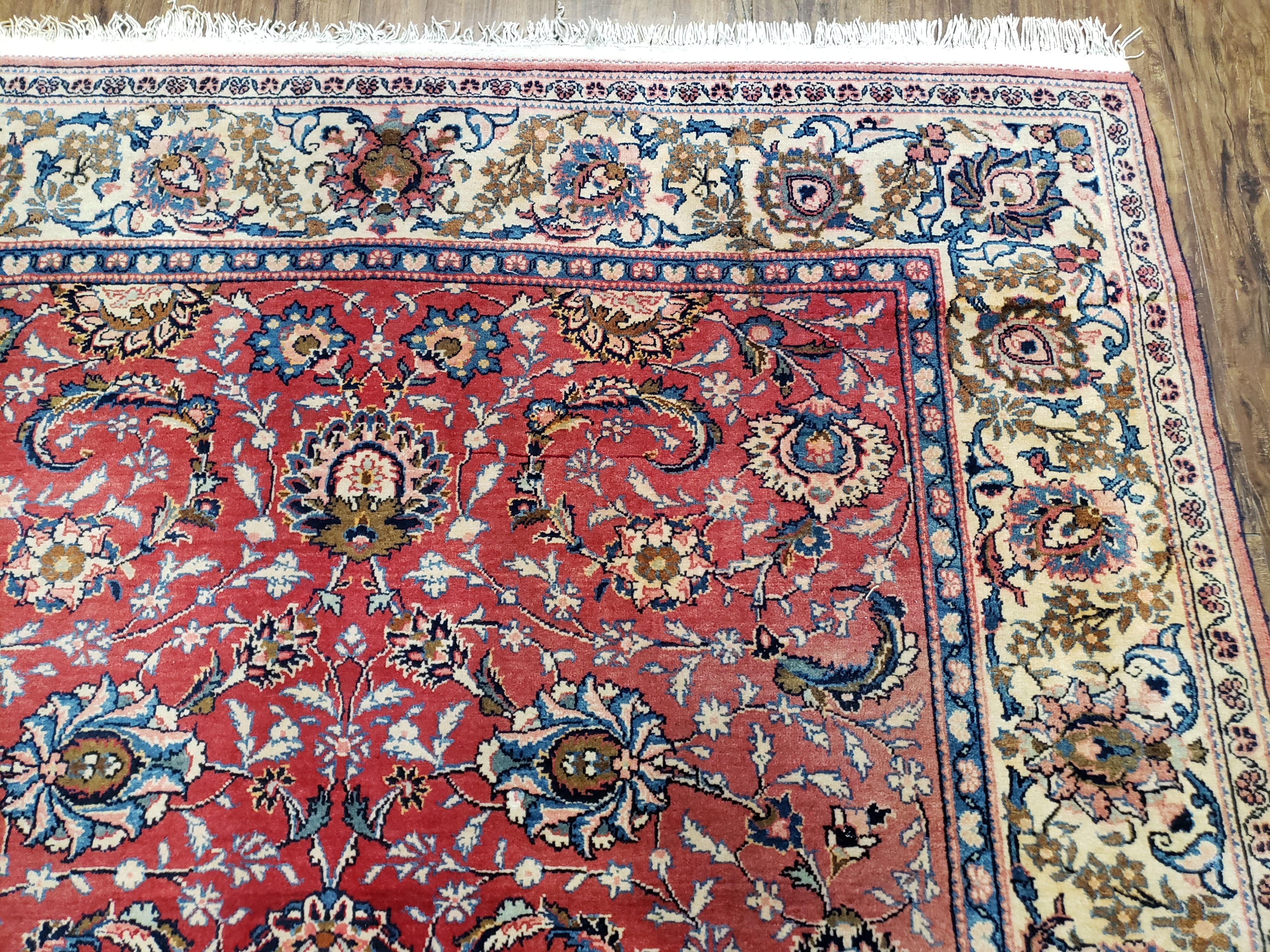 Semi Antique Persian Kashan Rug, Red & Beige, Hand-Knotted, Wool, 4'7" x 6' 6", Pair B - Jewel Rugs