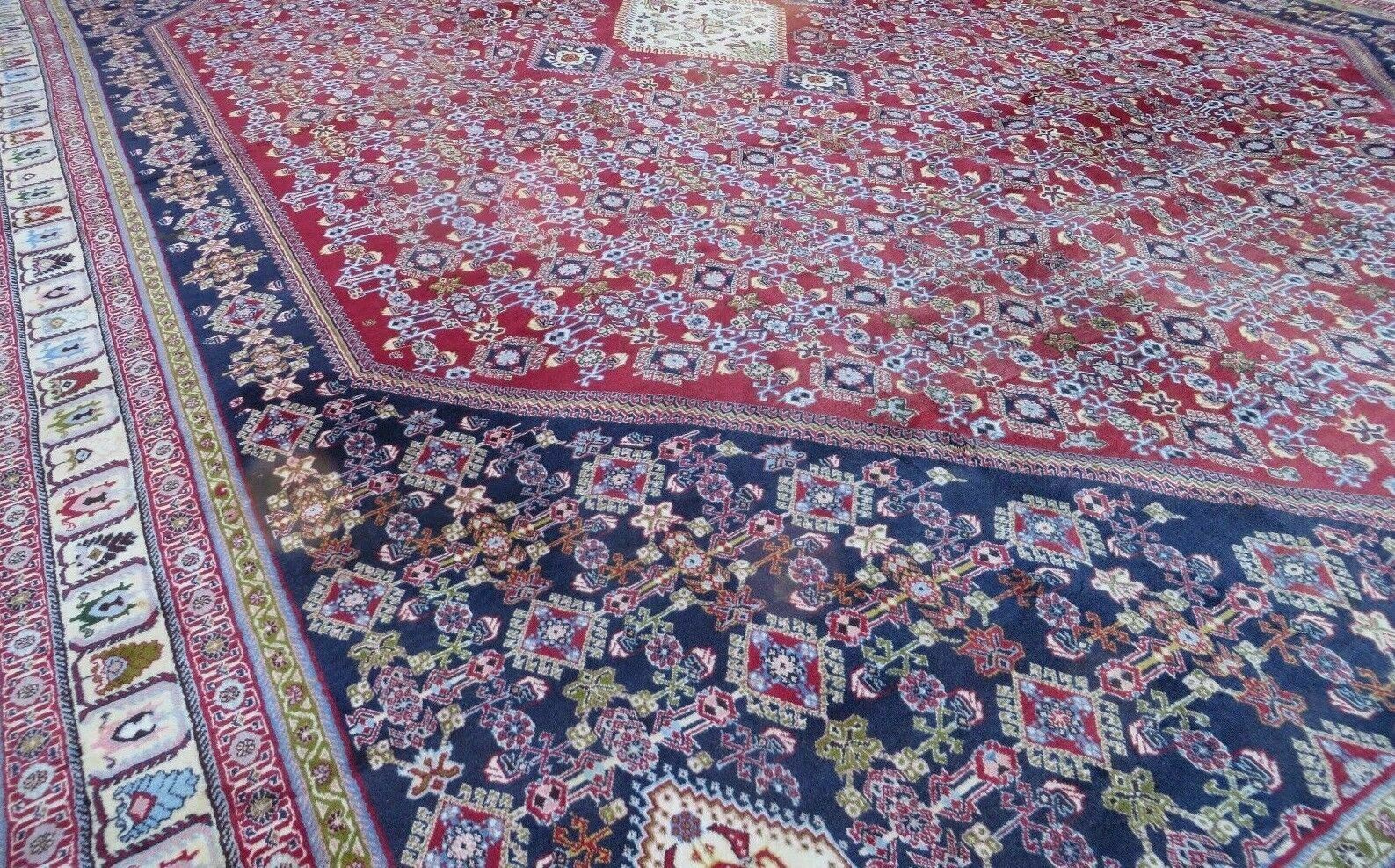 Oversized Persian Shiraz Tribal Rug 13x19, Palace Sized Oriental Carpet, Handmade Hand-Knotted X Large Rug, Red Blue Cream, Allover Herati Pattern - Jewel Rugs