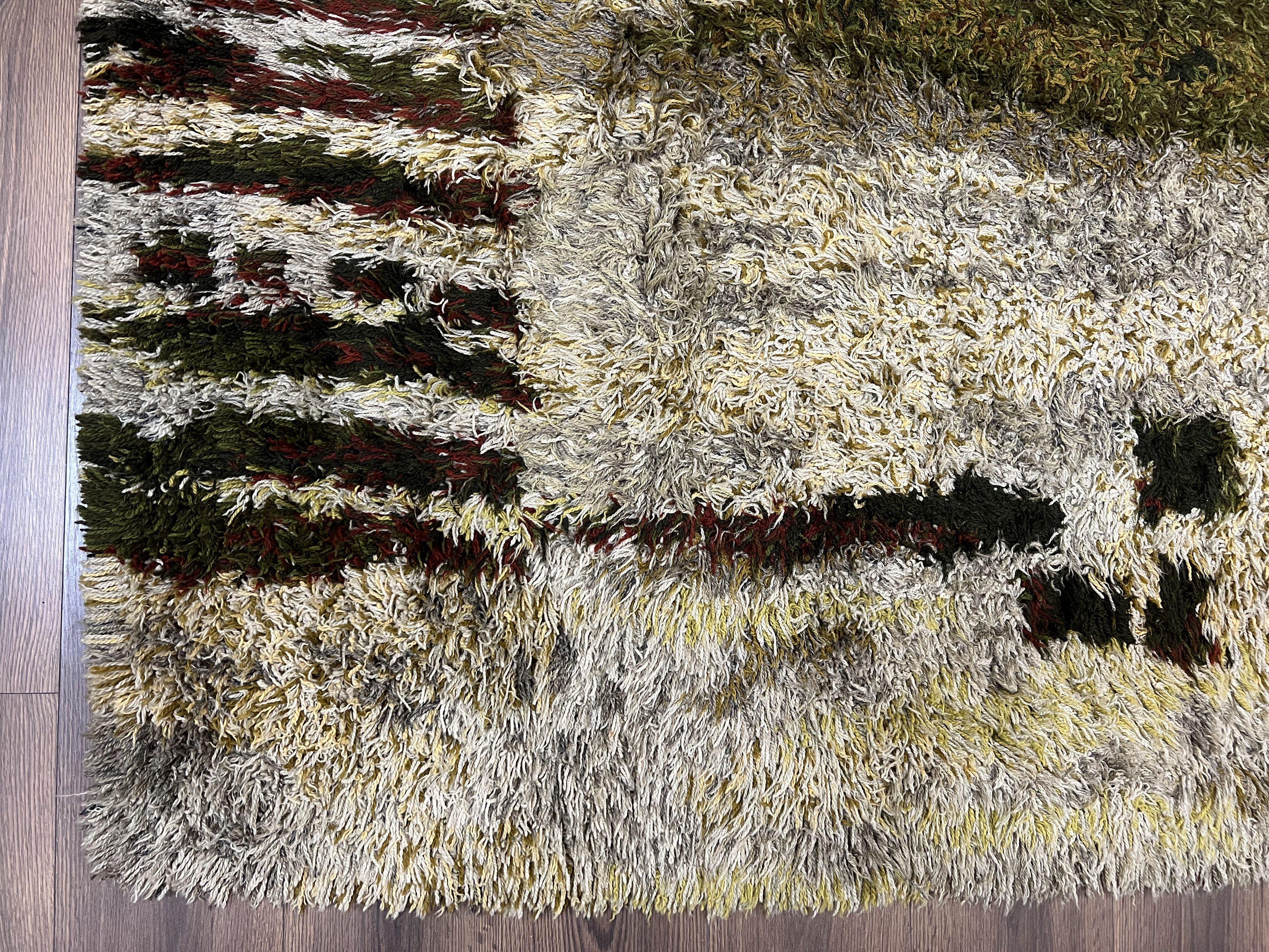 Swedish Rya Shag Rug 5x8, Multicolor Abstract Mid Century Vintage Retro Shag Rug, Soft Fluffy High Pile, Cream Gray Greens, 5 x 8 Shag Rug - Jewel Rugs