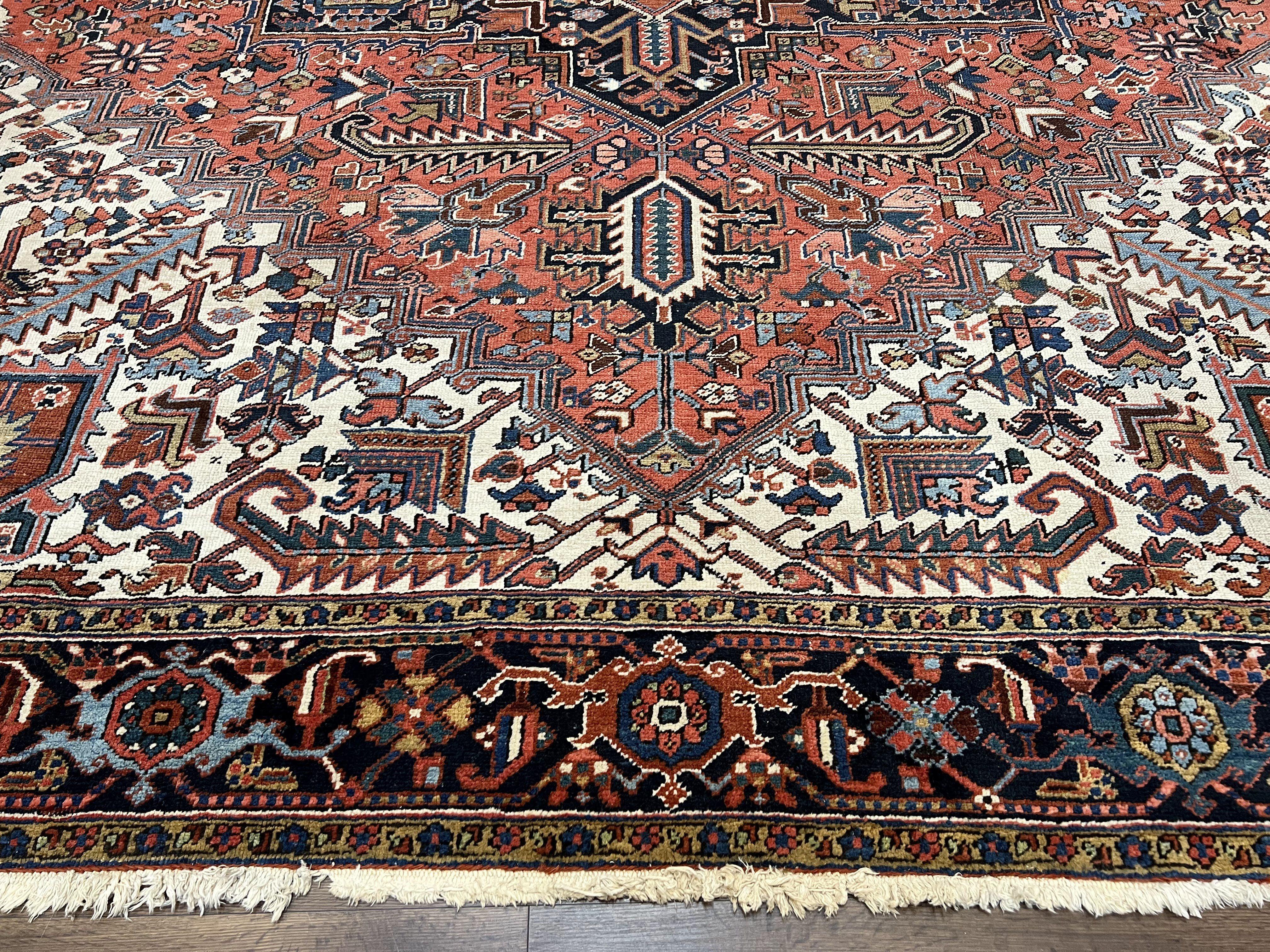 Stunning Persian Heriz Serapi Rug 10x13, Geometric Carpet 10 x 13 ft, Semi Antique Vintage Rug, Red Light Blue Ivory, Hand Knotted Wool Wow - Jewel Rugs