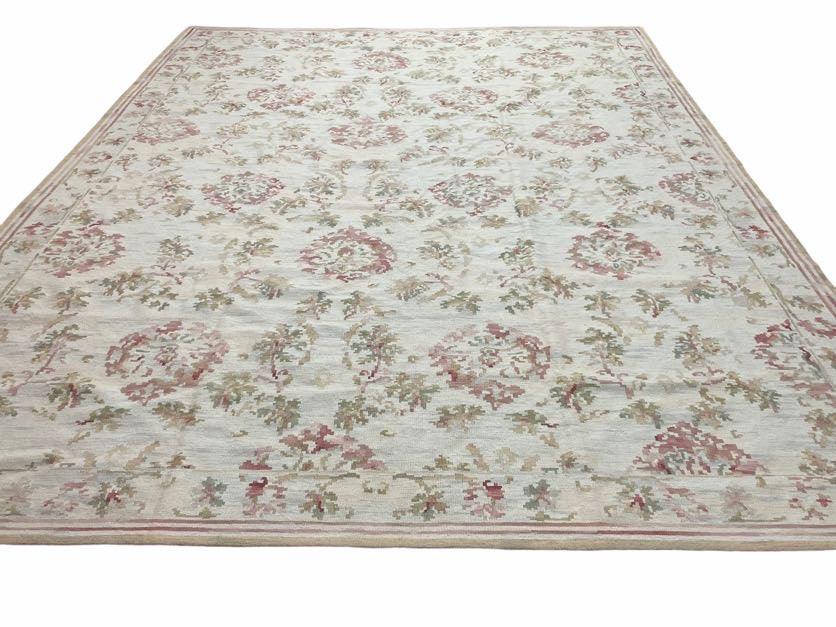 9x12 Flatweave Aubusson Needlepoint Rug, New, Beige, Tan, Green, Handmade, Hand-Knotted Area Rug, French European Carpet, Flowers - Jewel Rugs