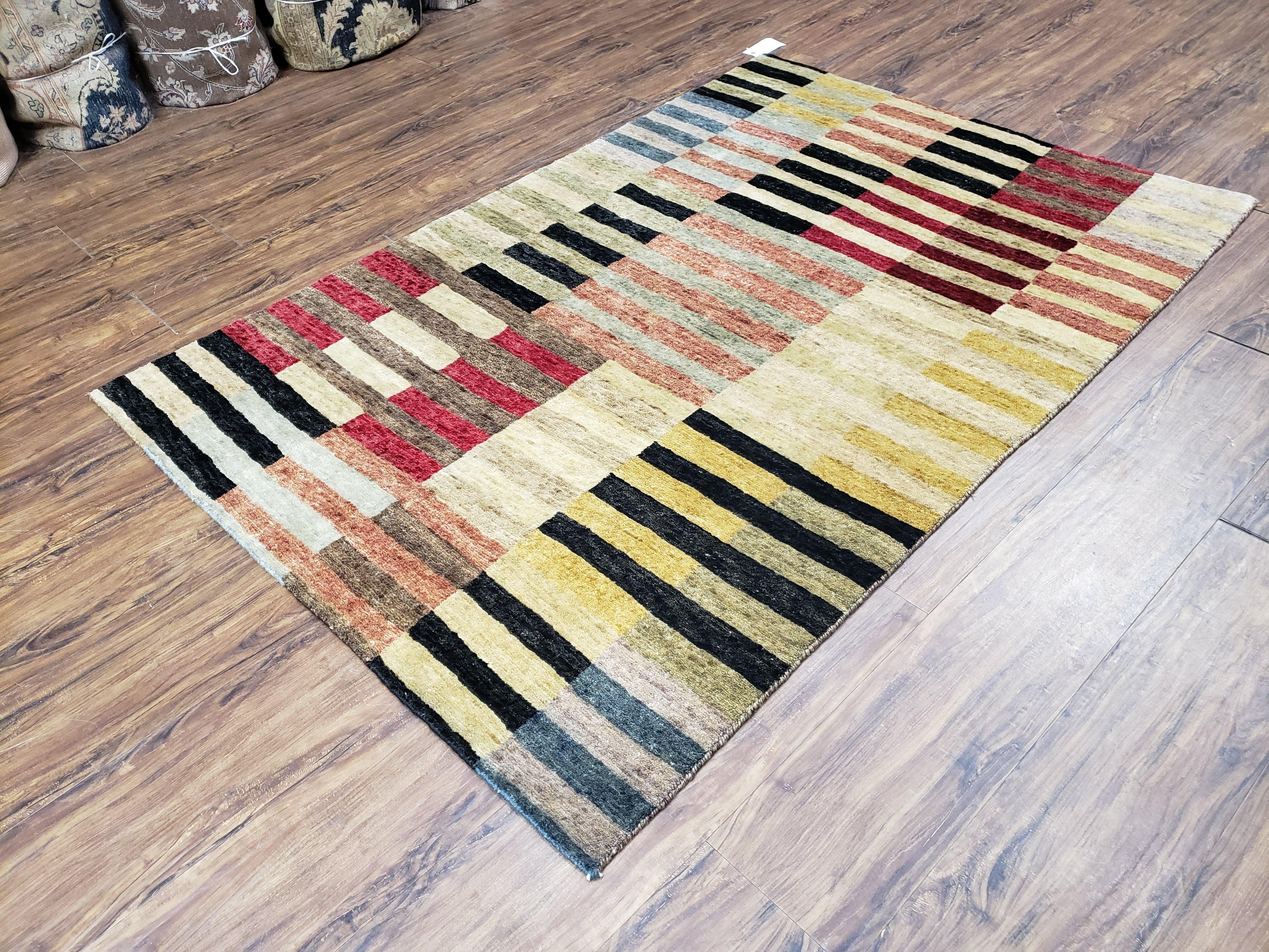 Modern Tibetan Rug 4' x 5' 9", Medium Sized Abstract Handmade Carpet, Hand-Knotted Soft Pile Wool Rug, Multicolor Contemporary Rug, Colorful - Jewel Rugs