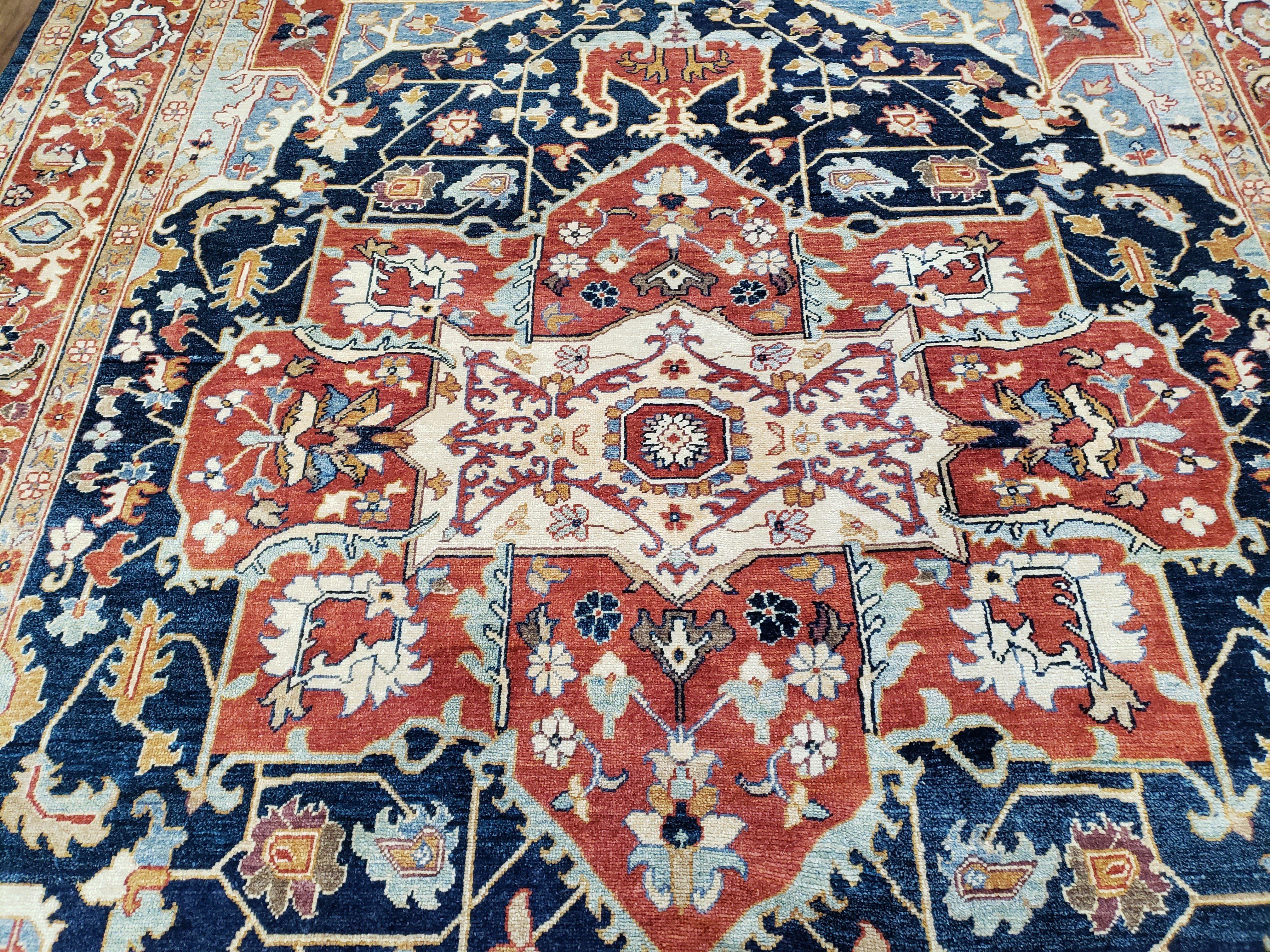 Safavieh Samarkand Heriz Rug 8x9 ft, Colorful Serapi Room Sized Hand-Knotted Wool Carpet, Tribal Rug, Vintage Oriental Rug, Navy Blue & Red - Jewel Rugs