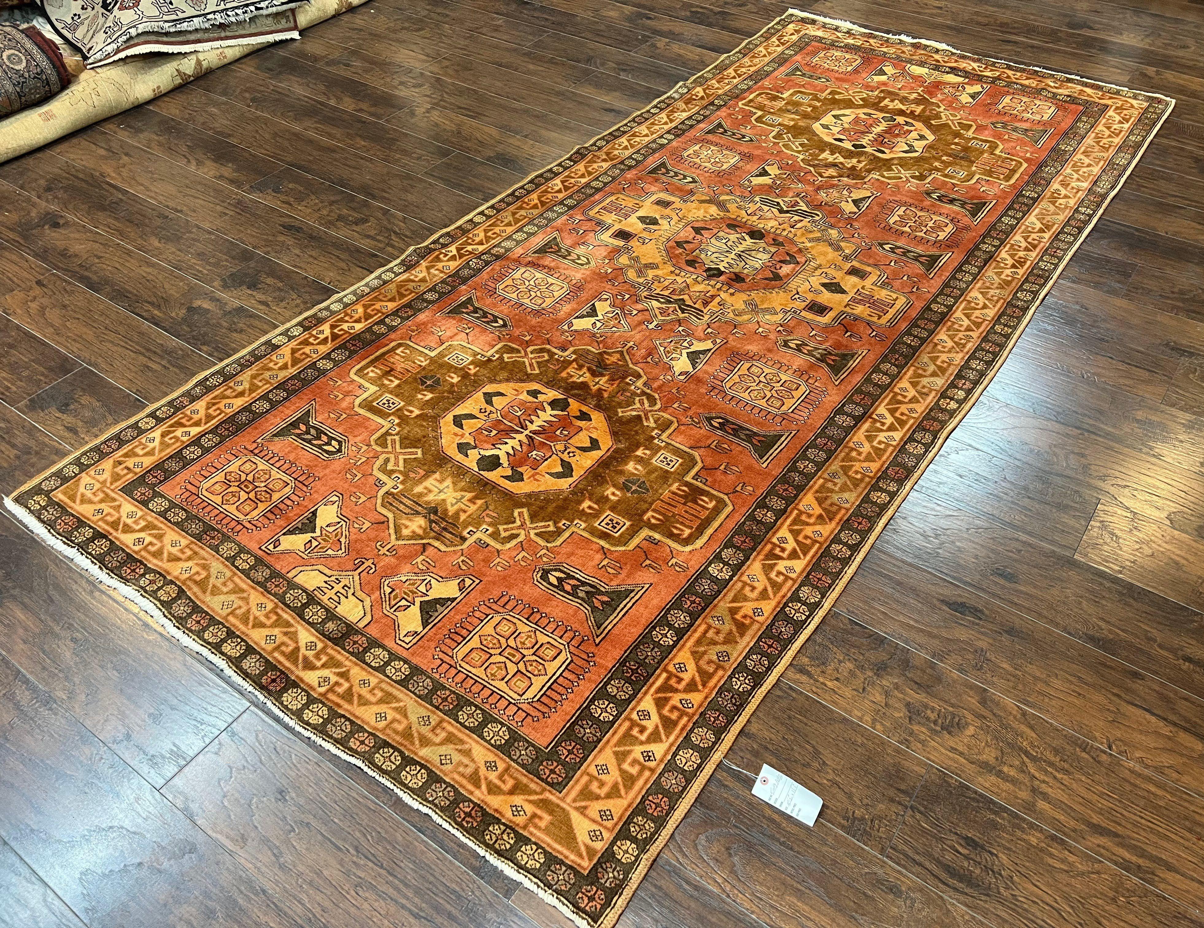 Wide Persian Ardabil Runner Rug 5x11, Vintage Semi Antique Handmade Wool Hallway Corridor Carpet, Geometric Caucasian Kazak Pattern, Salmon Cream - Jewel Rugs