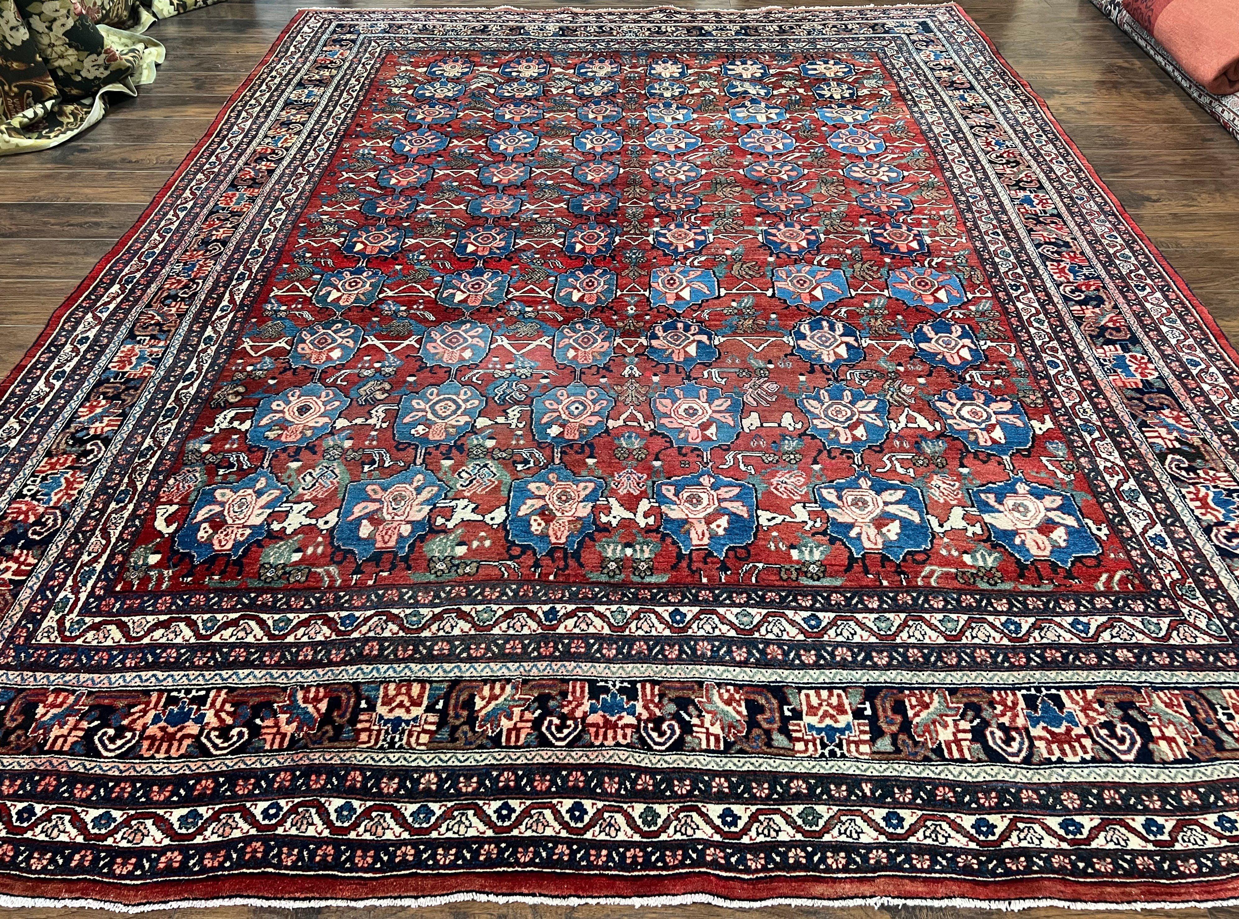 Antique Persian Bijar Rug 9x12 - Allover Motif, Red & Blue - Jewel Rugs