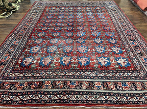 Beautiful Persian Bidjar Rug 9x12, Allover Repeated Motif 9 x 12 ft, Red Blue Cream, Hand Knotted Wool Bijar Oriental Carpet, 1950s Semi Antique Vintage - Jewel Rugs