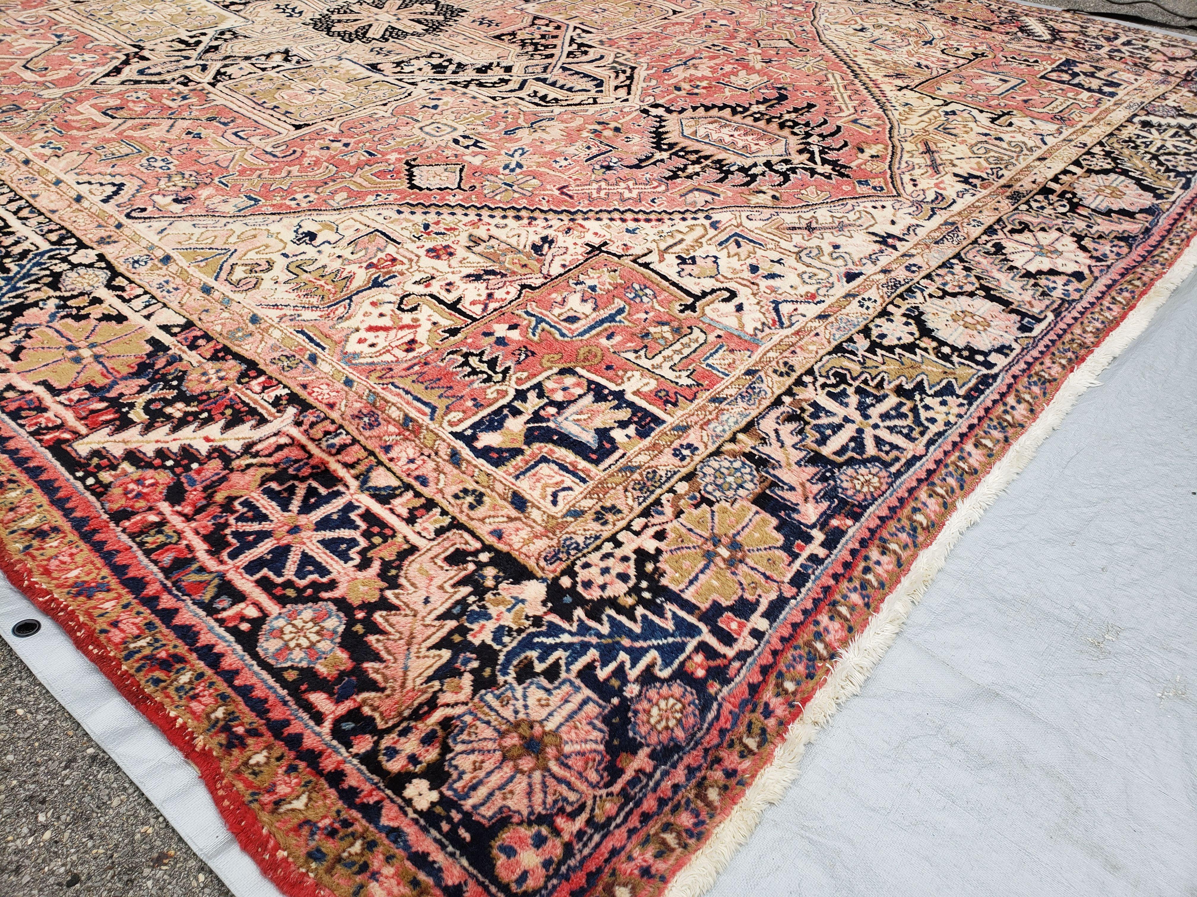 Large Antique Persian Heriz Serapi Rug, Hand-Knotted, Wool, Salmon Red, 9'7" x 13' 3" - Jewel Rugs