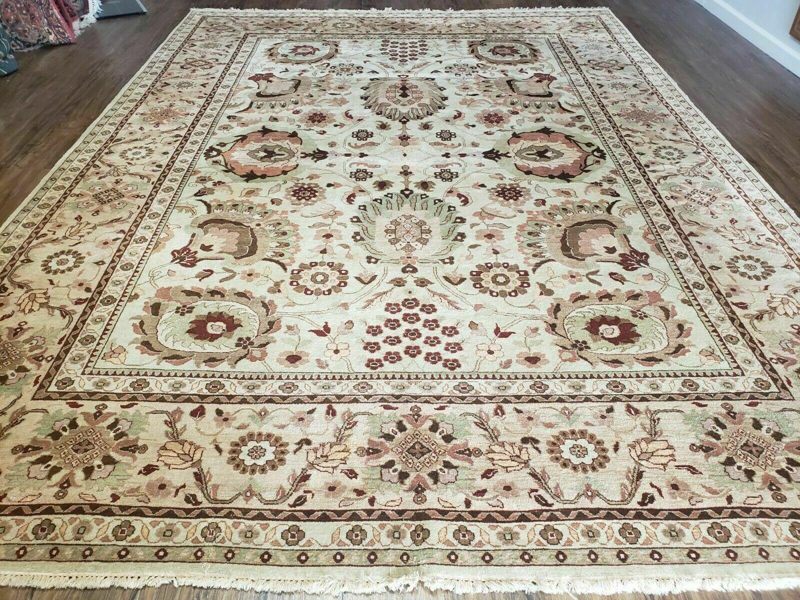 9' X 12' Handmade Indian Floral Wool Rug Hand Knotted Carpet Tea Washed Beige - Jewel Rugs