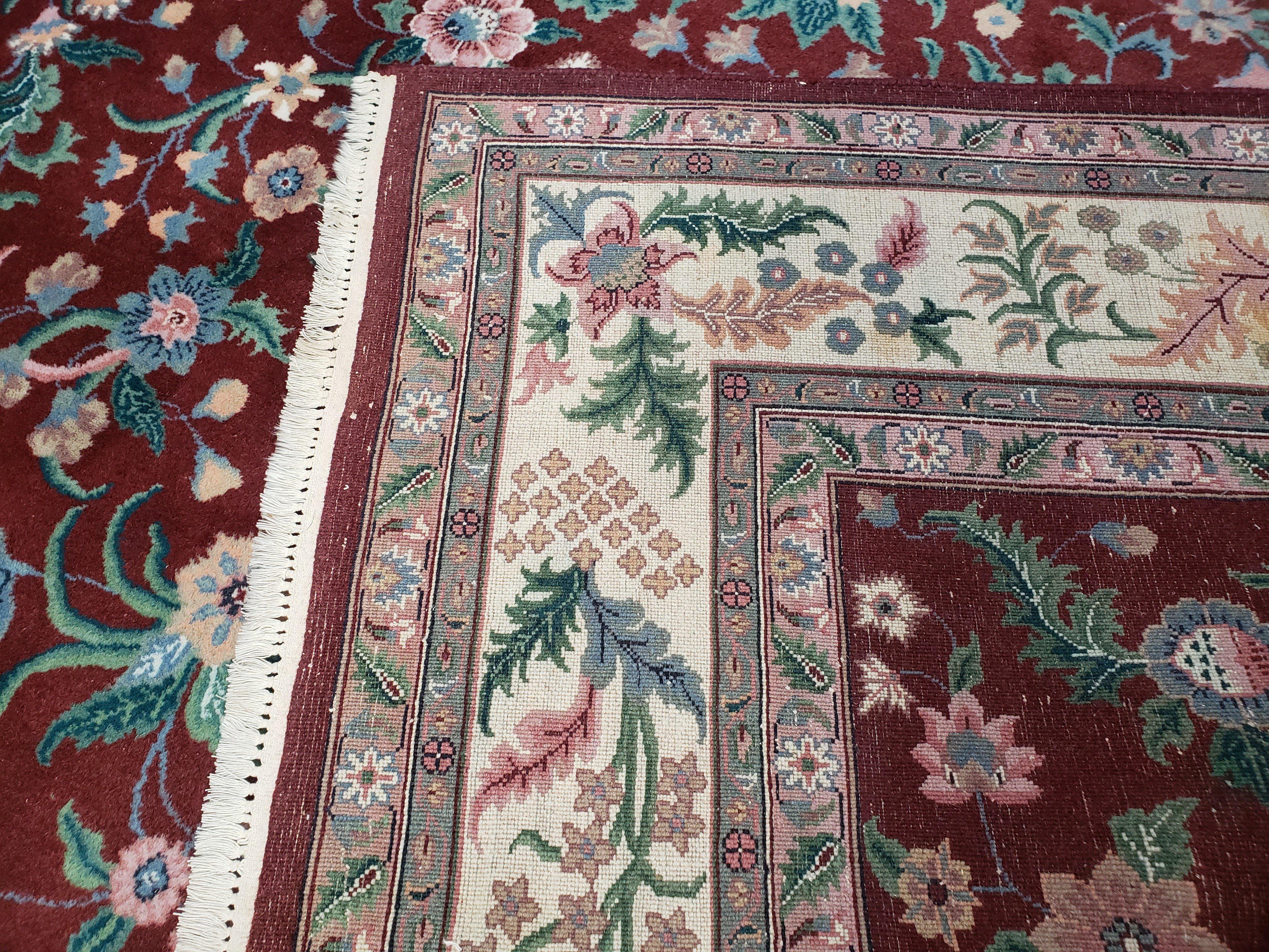 Indo Persian Rug 7.9 x 9.9 ft, Room Sized Indian Carpet, Wool Handmade Vintage Rug, Allover Floral Rug, Traditional Rug, Red Ivory Blue 8x10 - Jewel Rugs