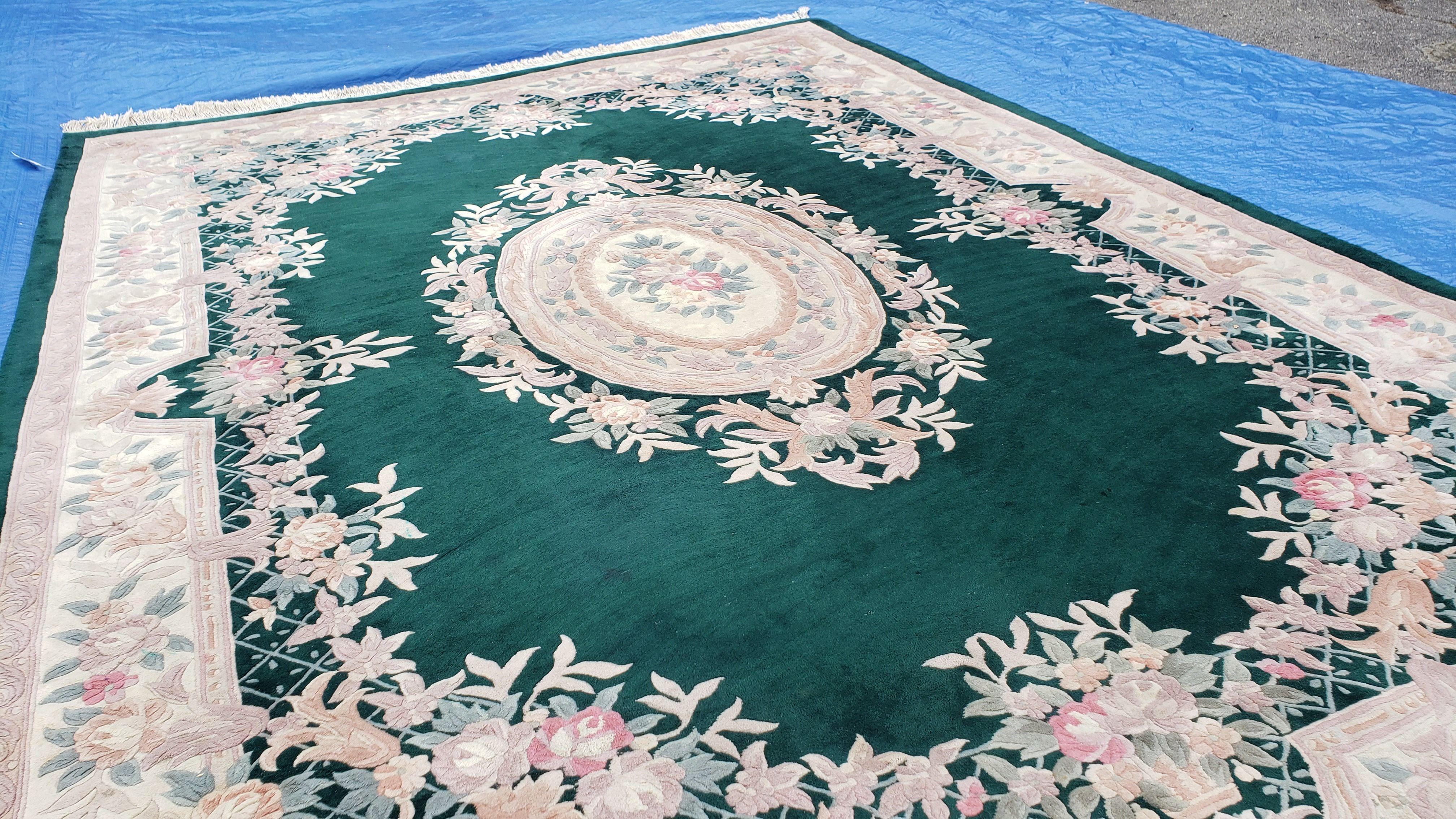 Vintage Chinese Carpet 10x14, Pine Green & Ivory, Chinese Carving 90 Line Area Rug, Soft Plush Wool Pile, Aubusson Design, Hand Knotted - Jewel Rugs