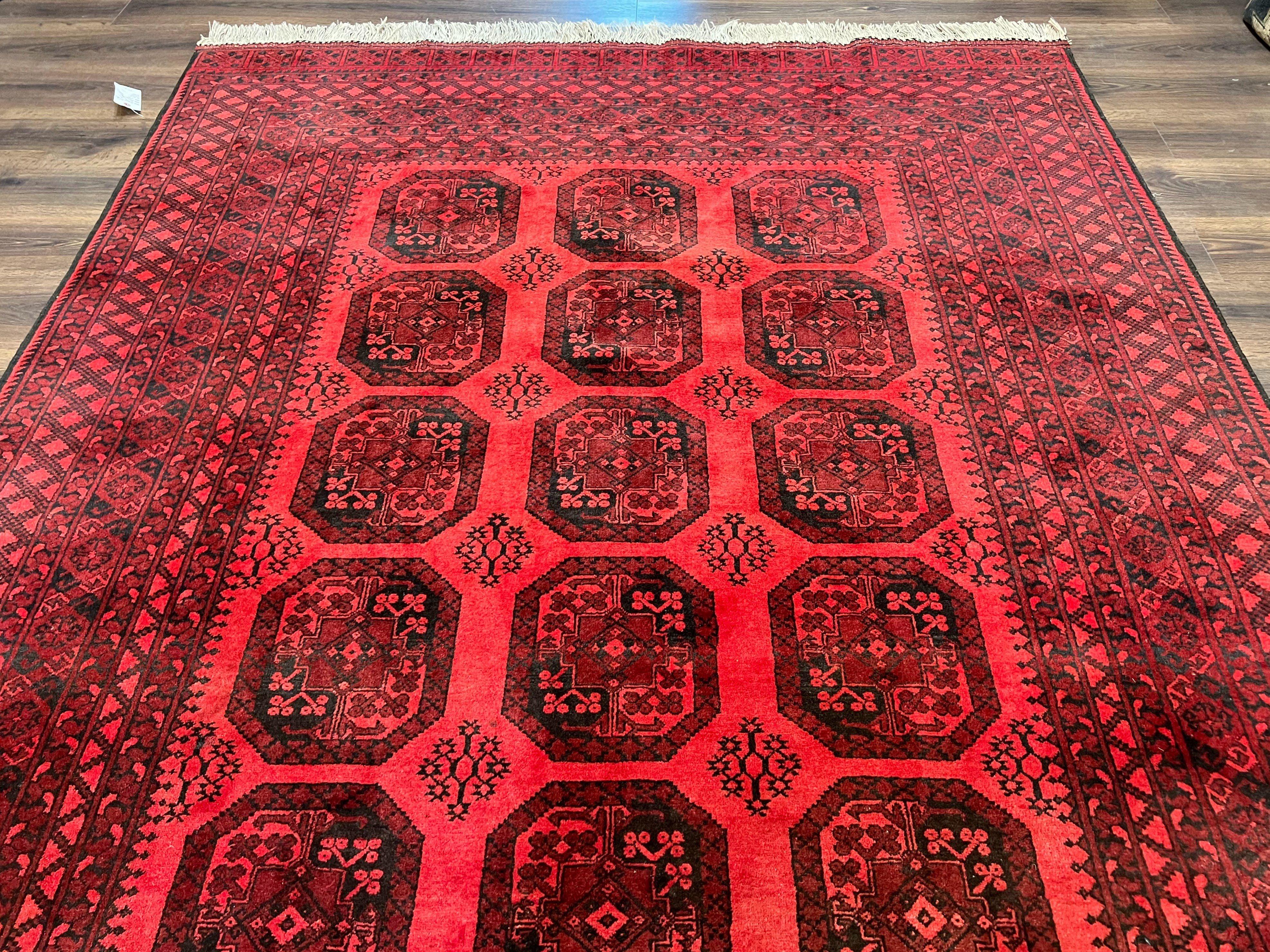 Afghan Turkoman Rug 7x10, Vintage Yamud Beshir Bokhara Carpet, Red and Black Bukhara Hand-Knotted Oriental Wool Handmade Rug, Elephant Foot - Jewel Rugs