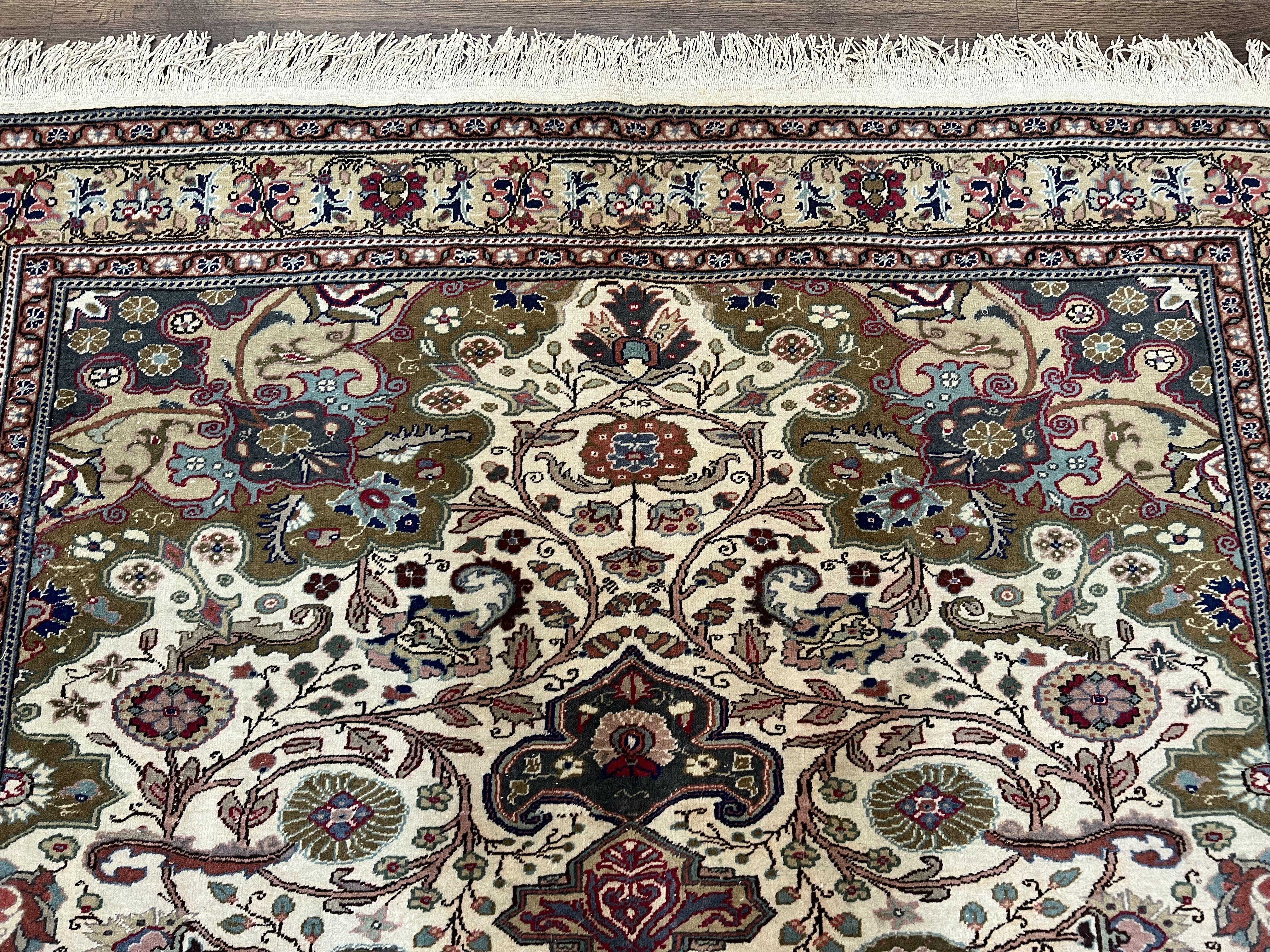 Turkish Sivas Rug 7x9, Vintage Wool Hand-Knotted Carpet, Ivory Cream Purple Tan, Floral Medallion Rug, Fine Oriental Carpet, Medium Size Rug - Jewel Rugs