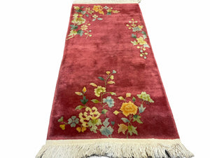 2x4 Handmade Chinese Art Deco Nichols Wool Rug Peking Carpet Flowers Rusted Red - Jewel Rugs