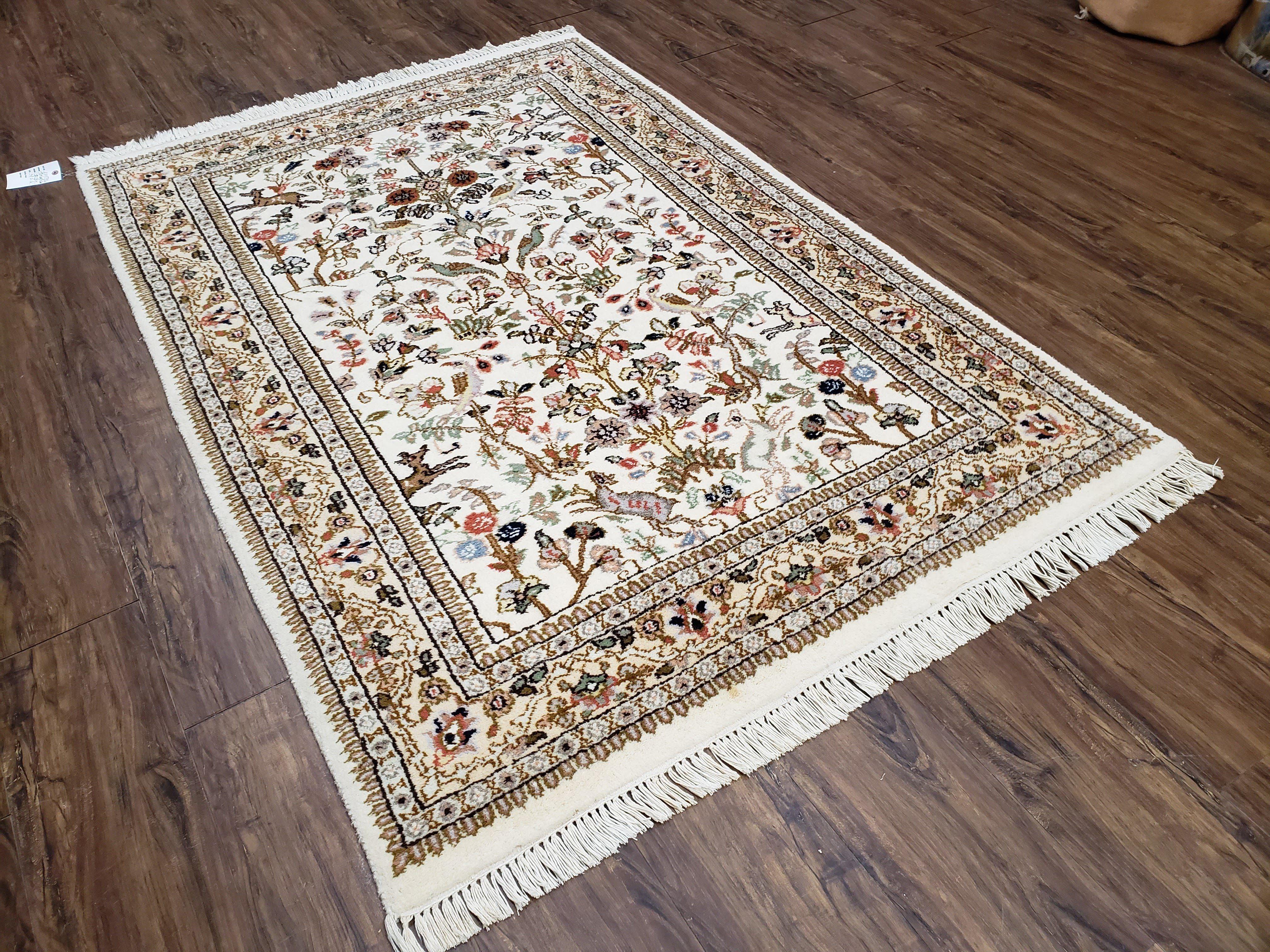 Indo Persian Rug 4x6, Tree of Life Rug, Animal Motifs, Deer Peacocks Birds, Ivory and Cream, Hand-Knotted Soft Wool Pile Indian Carpet 4 x 6 - Jewel Rugs