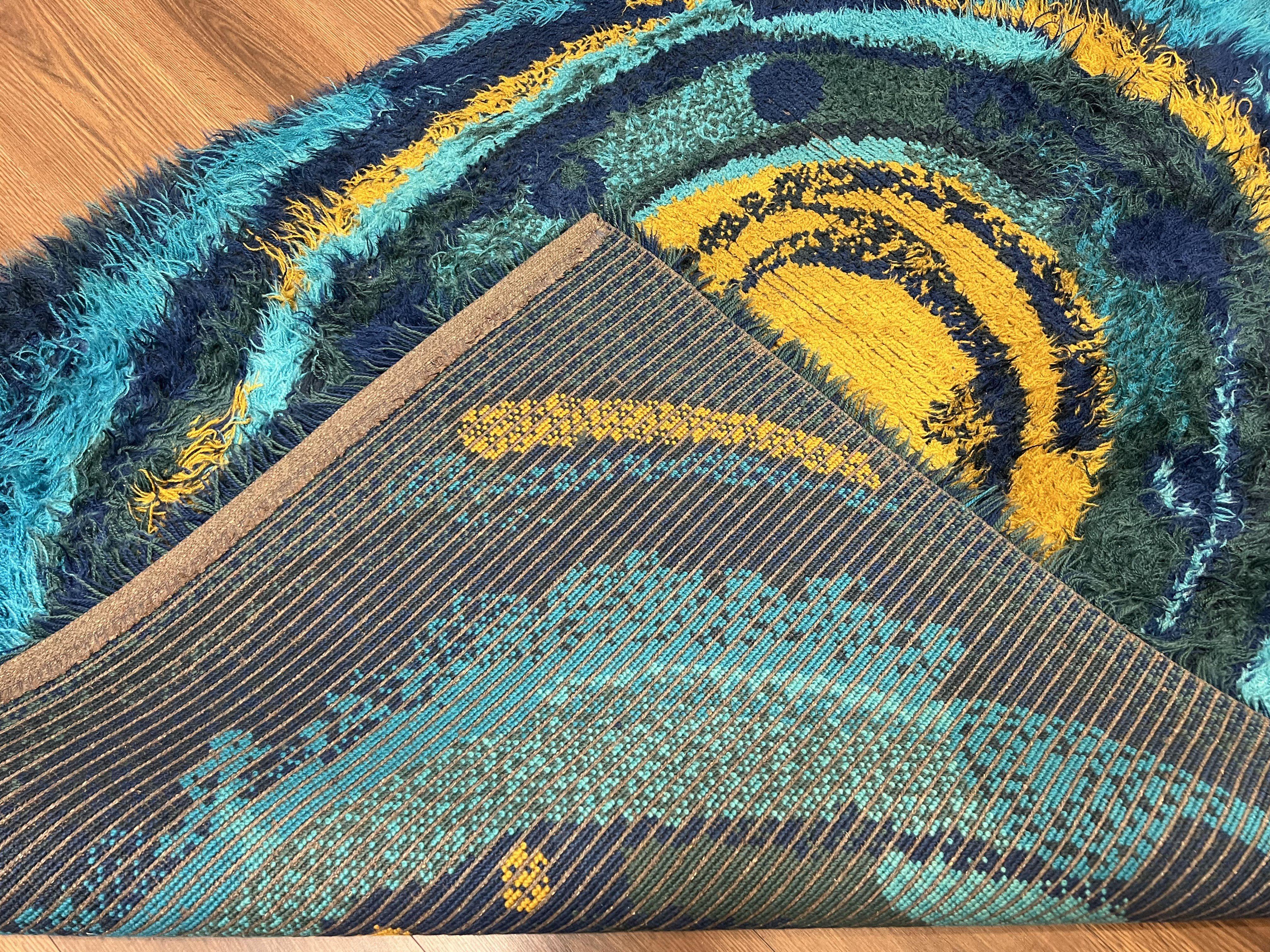 Mid Century Rya Danish Shag Rug 4.7 x 6.8, Multicolor Blues and Gold, Vintage Retro 1960s Shag Rug, Unique Carpet, Vintage Area Rug - Jewel Rugs